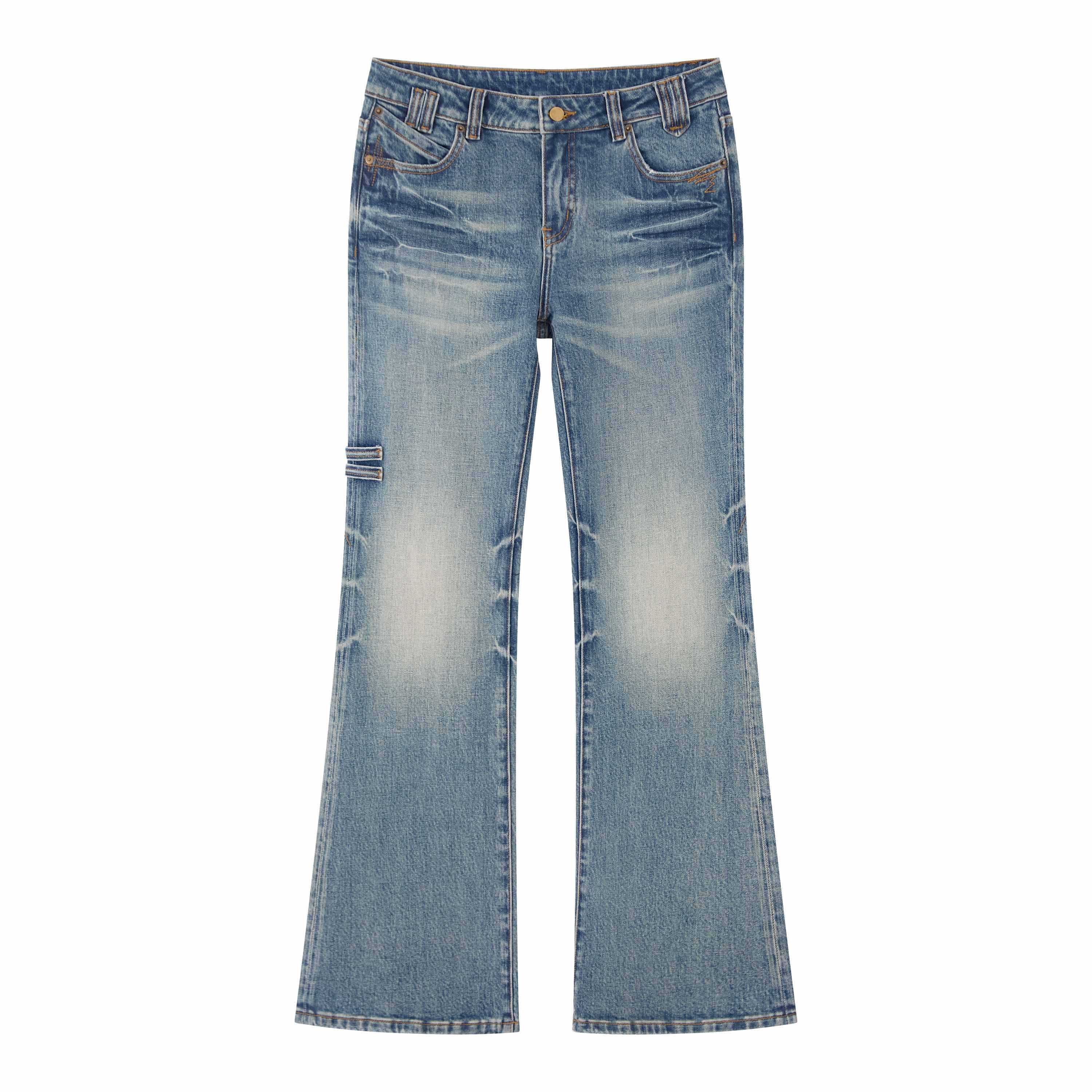 RUN TO THE FUTURE Vintage Washed Low Rise Slim Fit Slight Stretch Denim Retro Blue Flare Jeans