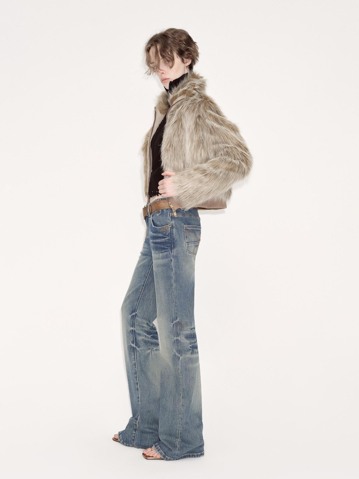 RUN TO THE FUTURE Vintage Washed Low Rise Slim Fit Slight Stretch Denim Retro Blue Flare Jeans