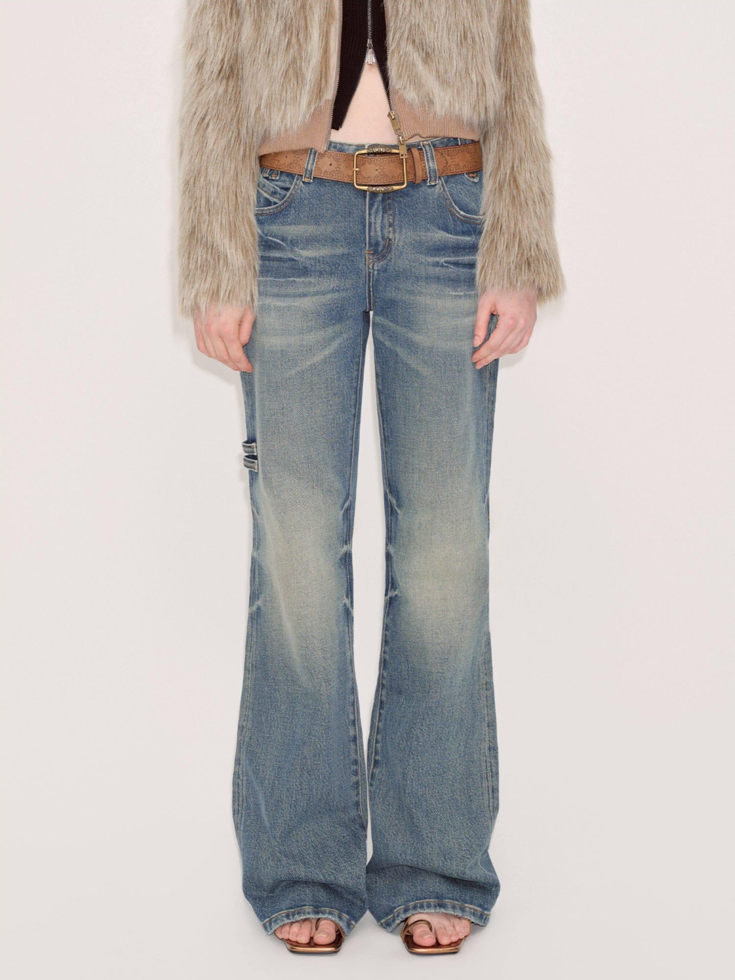 RUN TO THE FUTURE Vintage Washed Low Rise Slim Fit Slight Stretch Denim Retro Blue Flare Jeans