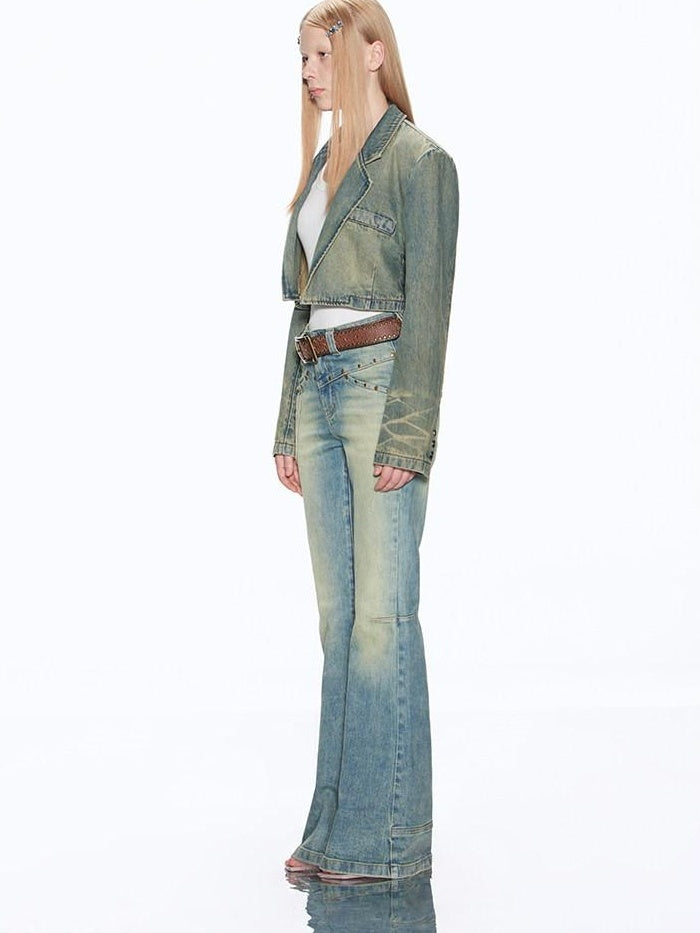 RUN TO THE FUTURE Vintage Washed Low Rise Slim Fit Slight Stretch Women Denim Blue Flare Jeans