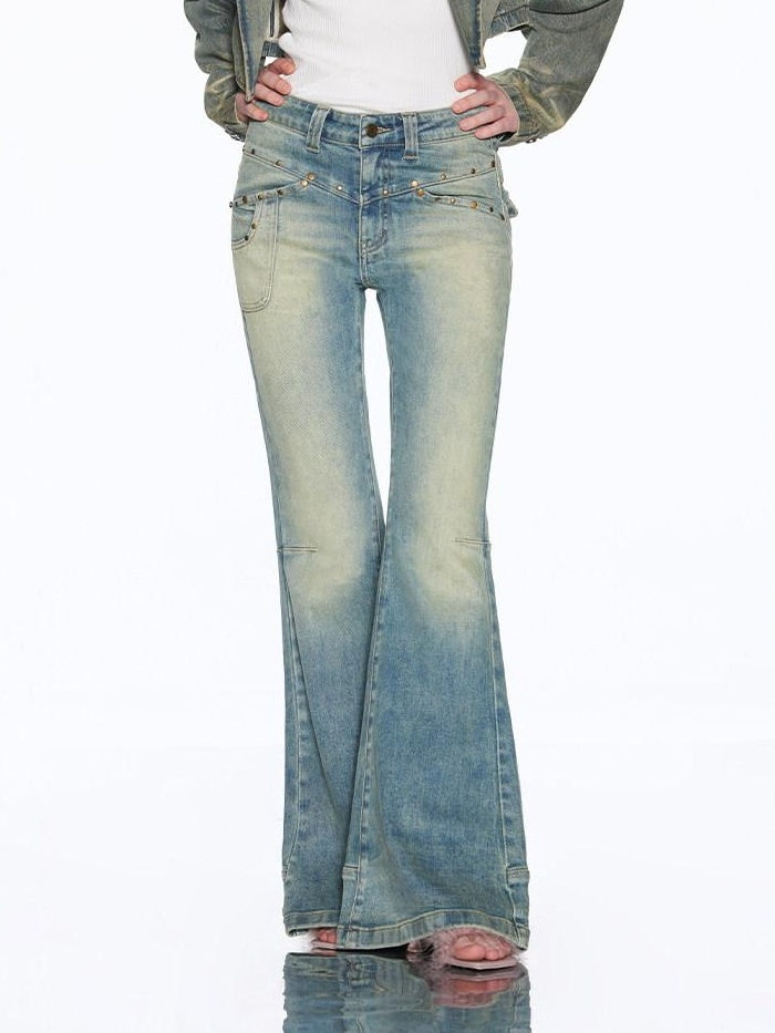 RUN TO THE FUTURE Vintage Washed Low Rise Slim Fit Slight Stretch Women Denim Blue Flare Jeans