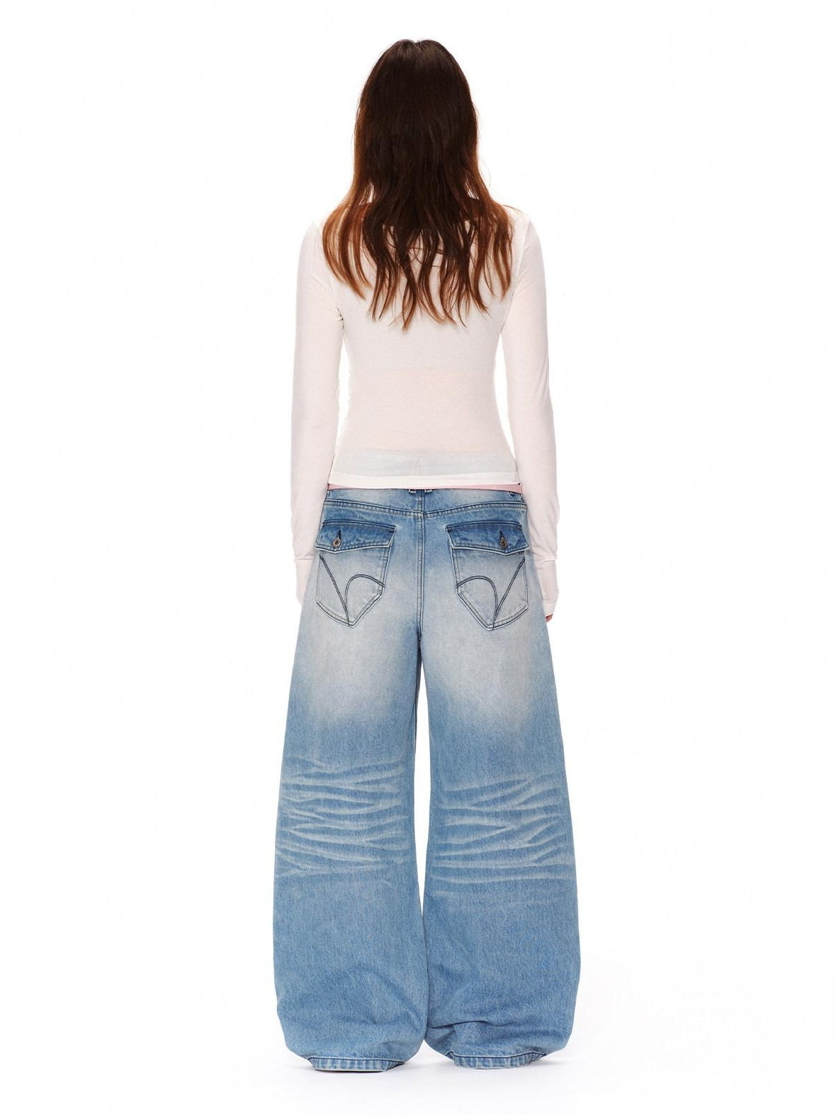 RUN TO THE FUTURE Vintage Washed Natural Waist Boxy Unisex Cotton Denim Blue Wide-Leg Jeans
