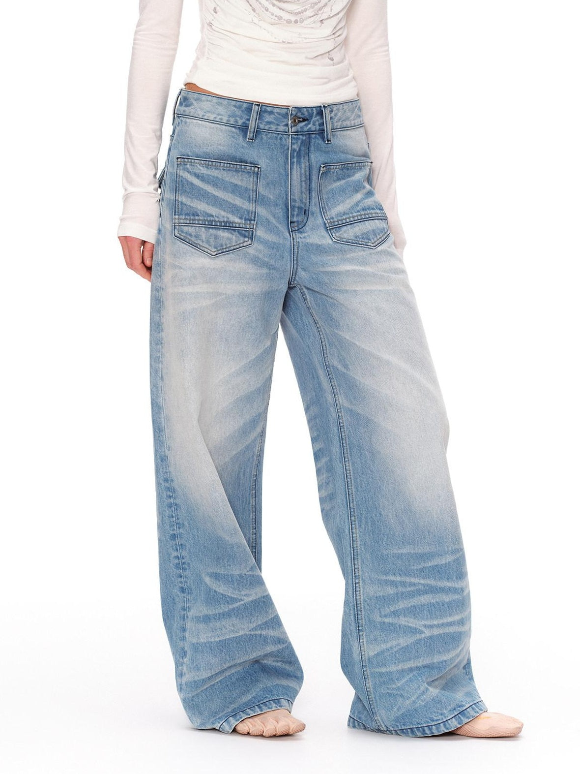 RUN TO THE FUTURE Vintage Washed Natural Waist Boxy Unisex Cotton Denim Blue Wide-Leg Jeans