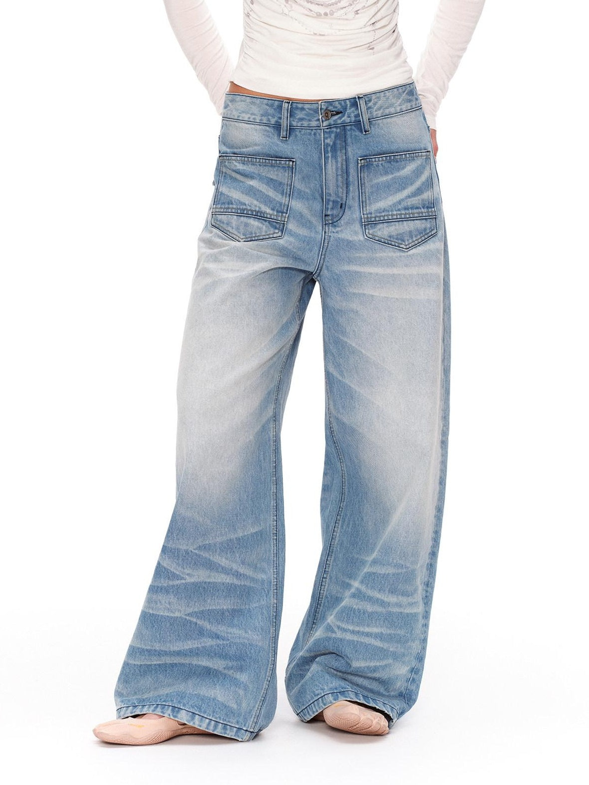 RUN TO THE FUTURE Vintage Washed Natural Waist Boxy Unisex Cotton Denim Blue Wide-Leg Jeans