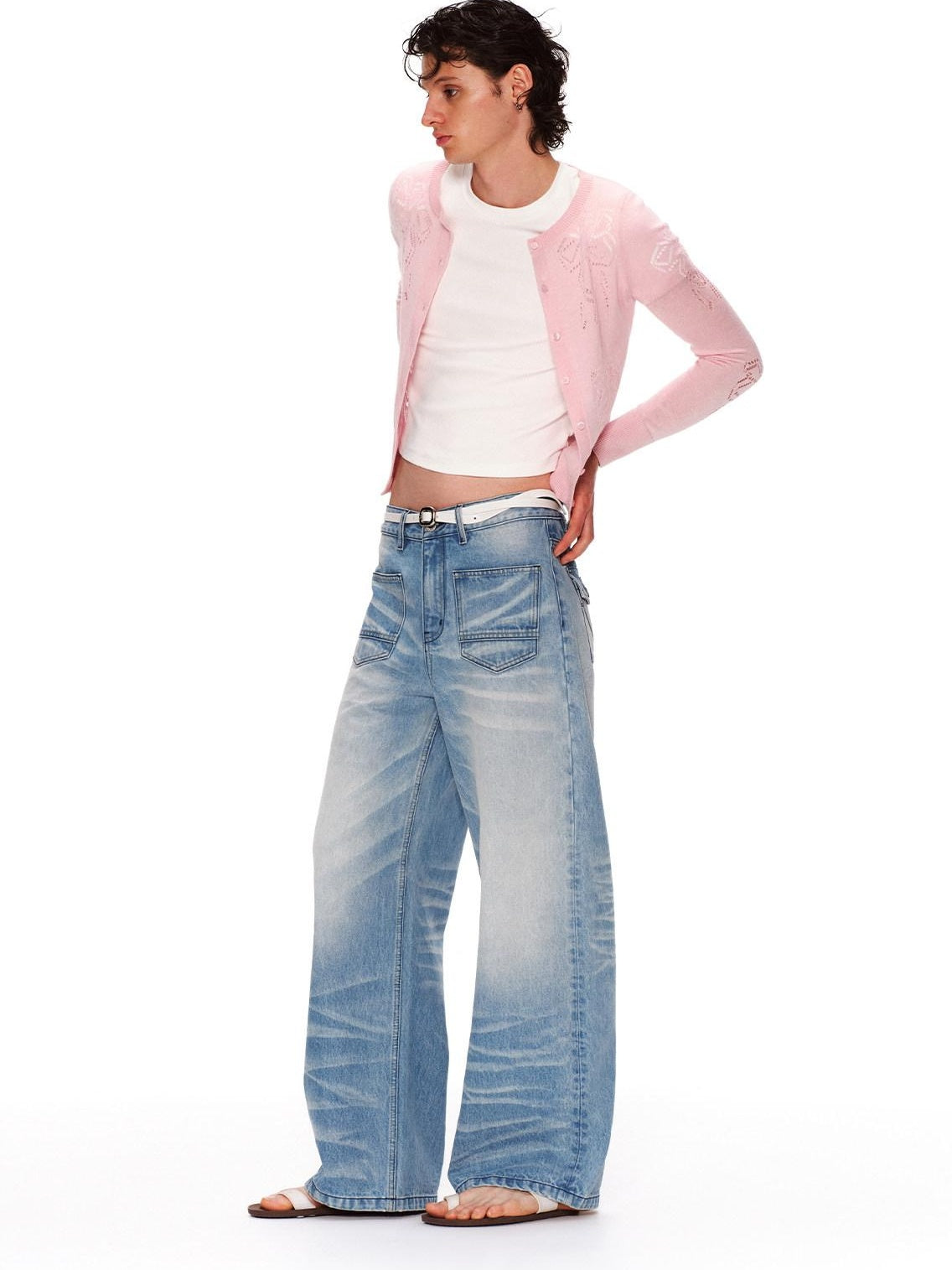 RUN TO THE FUTURE Vintage Washed Natural Waist Boxy Unisex Cotton Denim Blue Wide-Leg Jeans