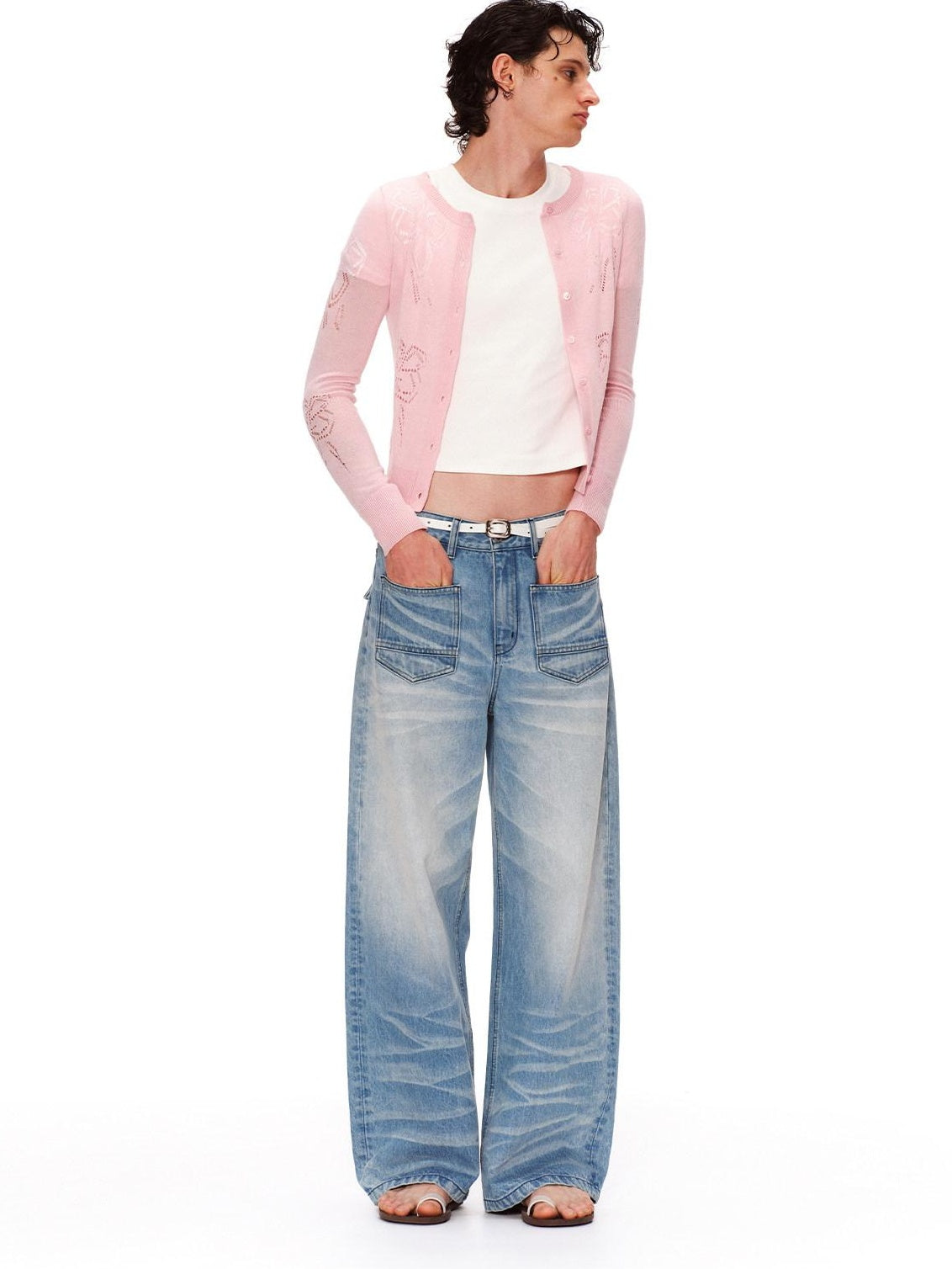RUN TO THE FUTURE Vintage Washed Natural Waist Boxy Unisex Cotton Denim Blue Wide-Leg Jeans