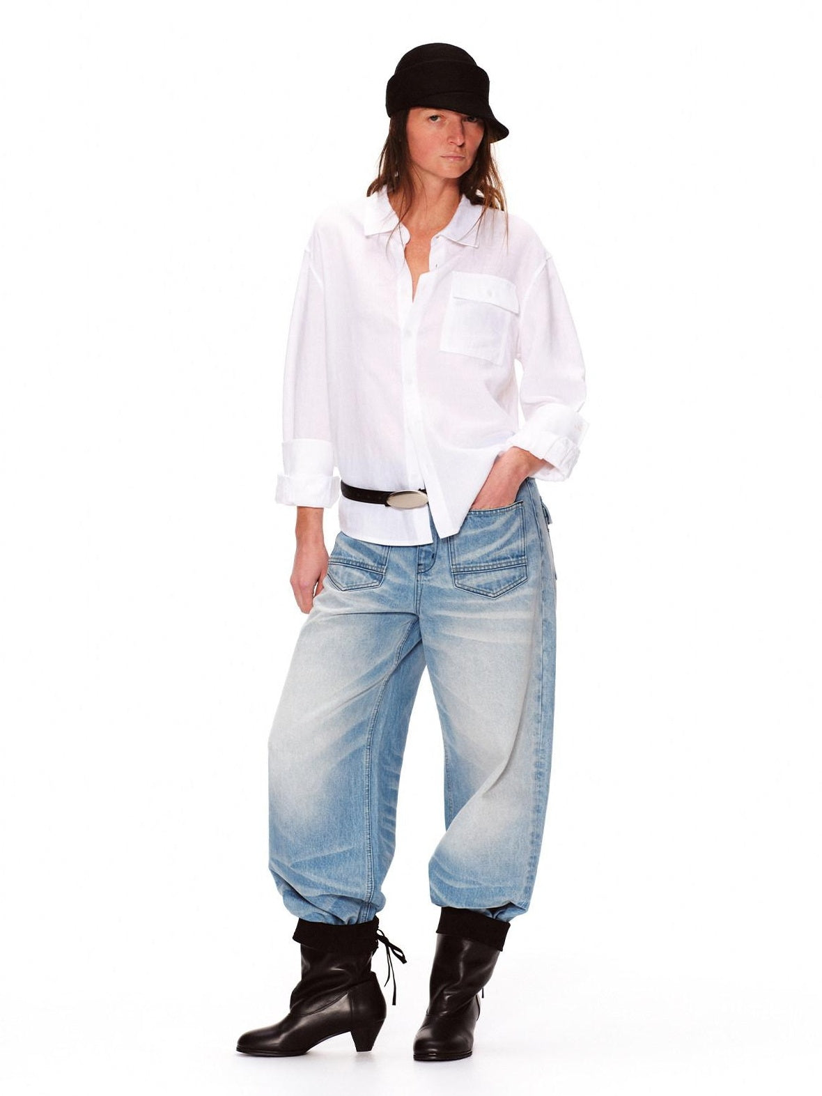 RUN TO THE FUTURE Vintage Washed Natural Waist Boxy Unisex Cotton Denim Blue Wide-Leg Jeans