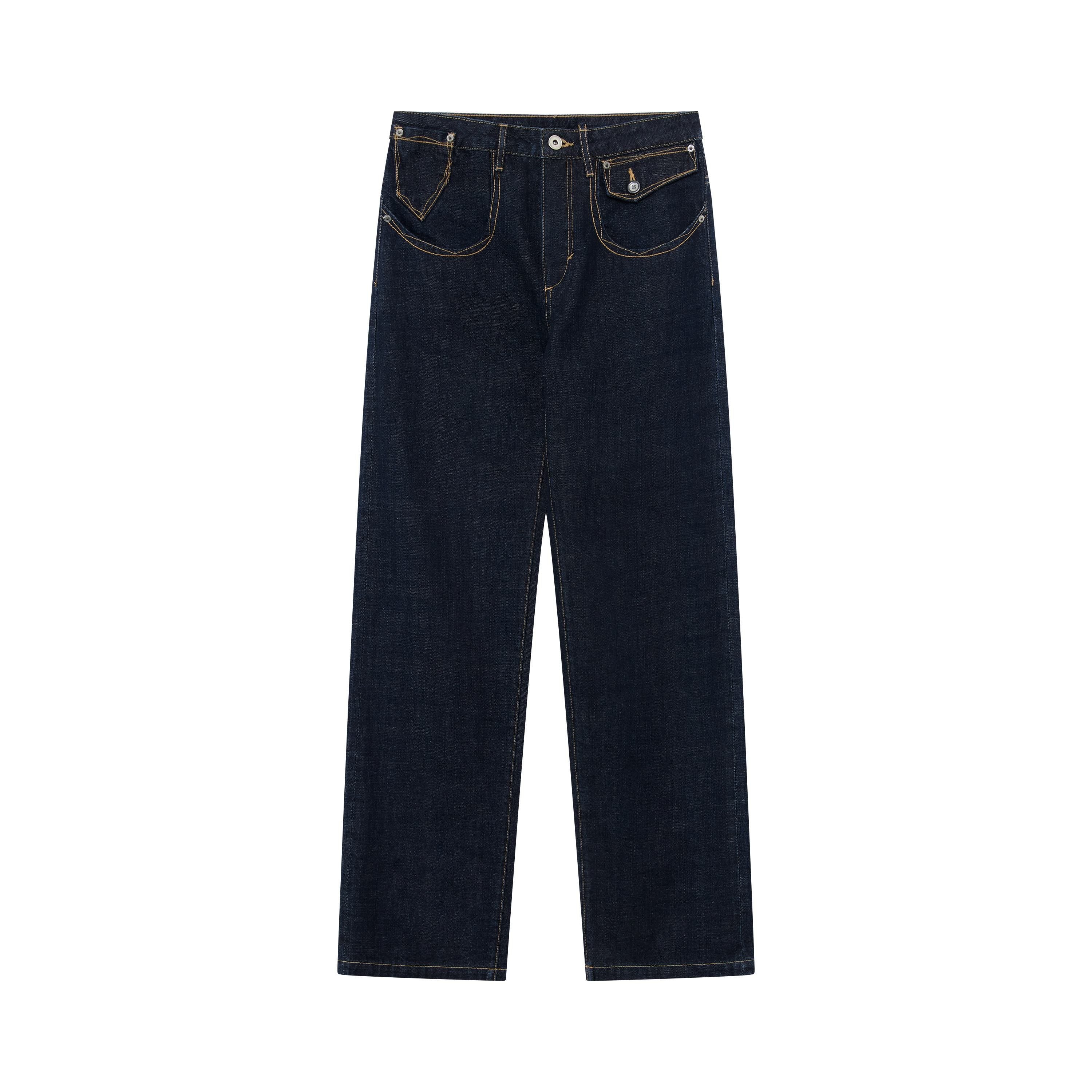 RUN TO THE FUTURE Vintage Washed Natural Waist Pocket Detail Womens Cotton Dark Straight Jeans