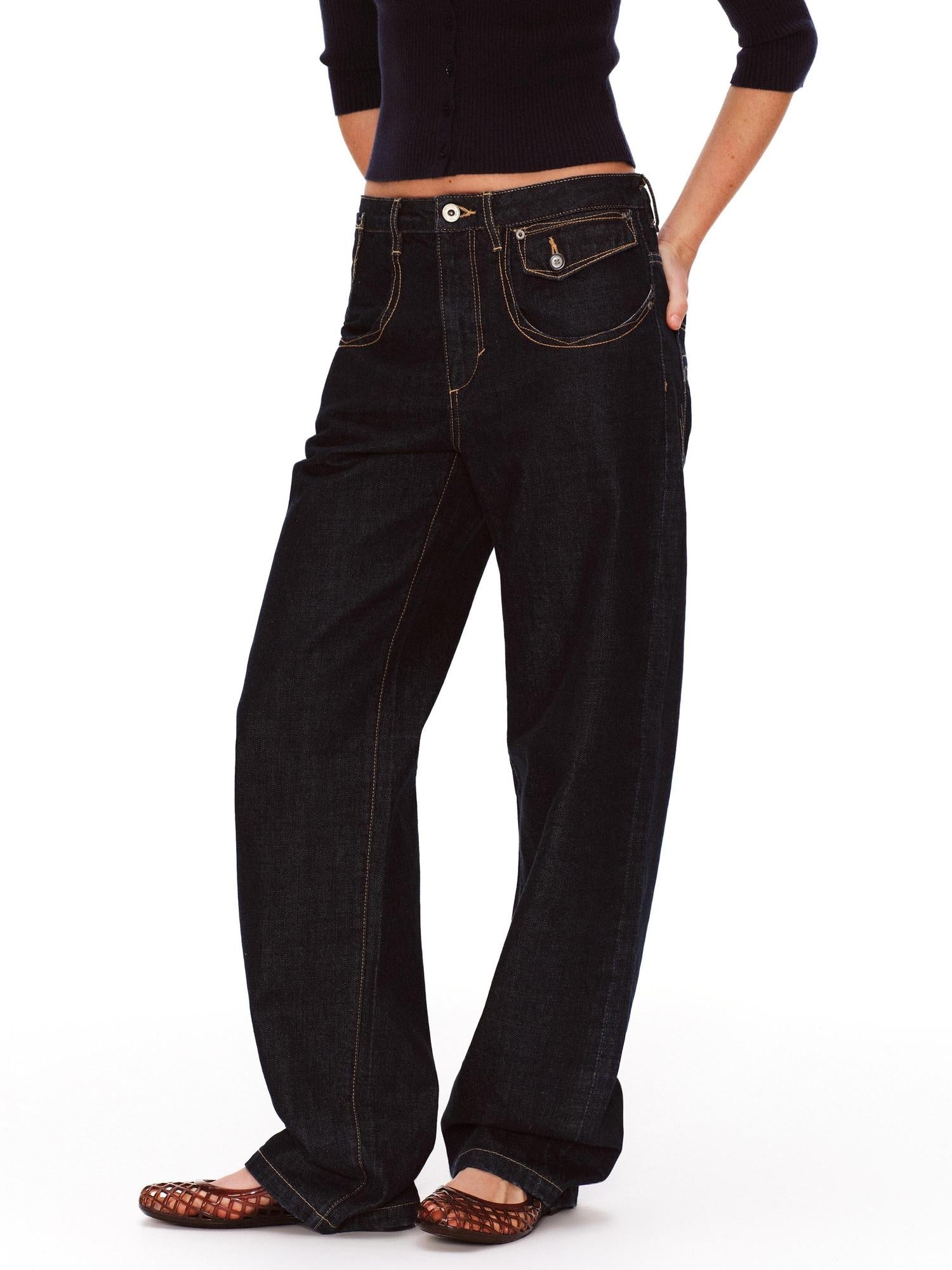 RUN TO THE FUTURE Vintage Washed Natural Waist Pocket Detail Womens Cotton Dark Straight Jeans