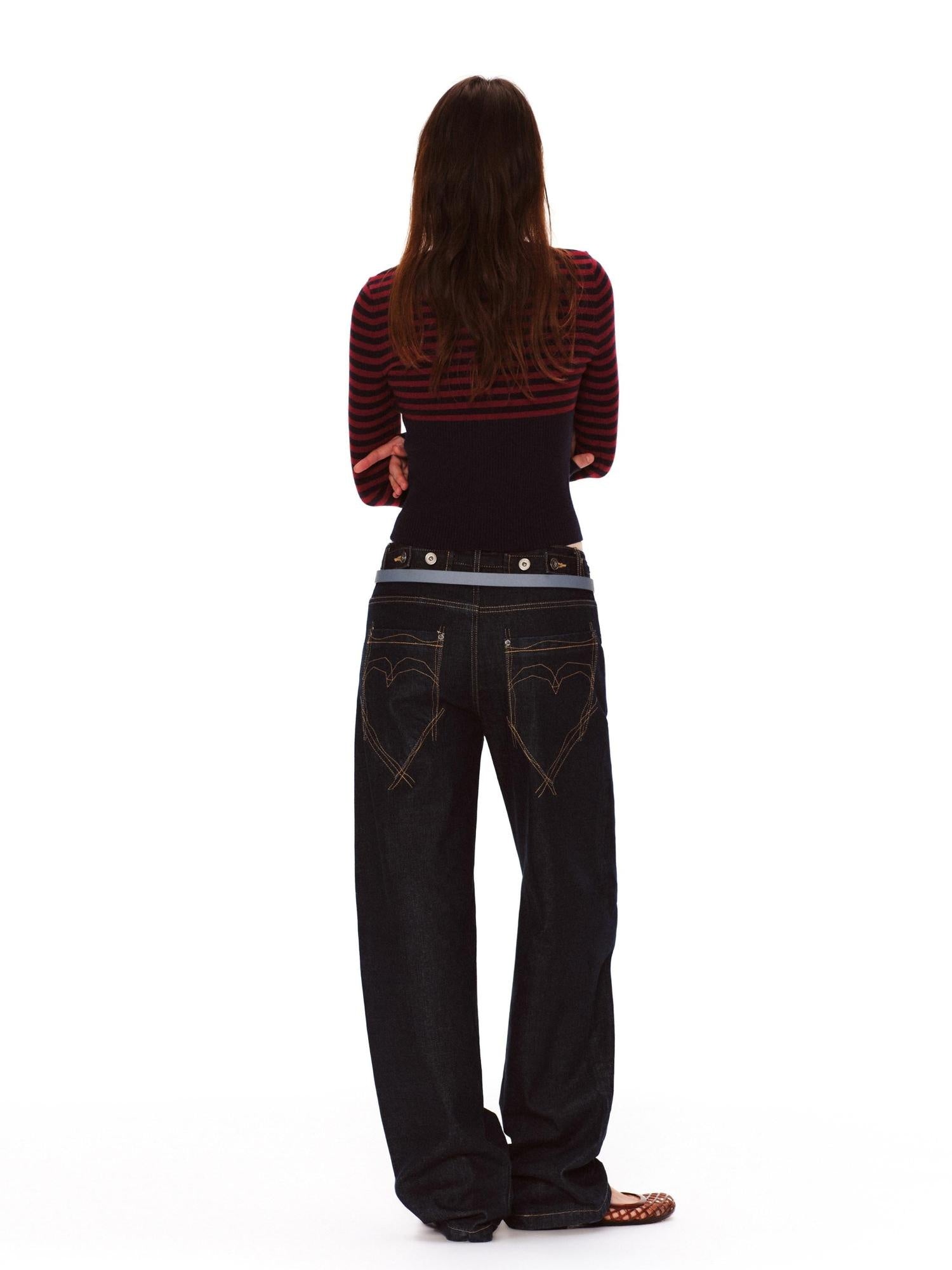 RUN TO THE FUTURE Vintage Washed Natural Waist Pocket Detail Womens Cotton Dark Straight Jeans