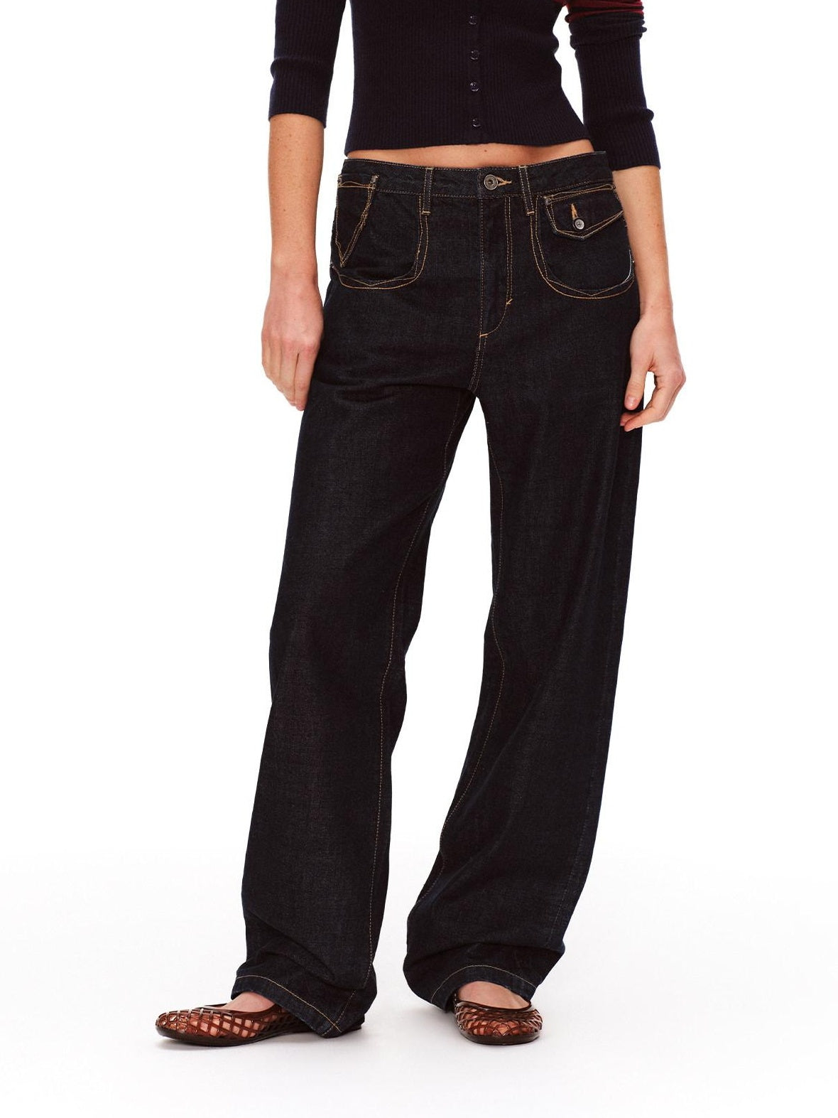 RUN TO THE FUTURE Vintage Washed Natural Waist Pocket Detail Womens Cotton Dark Straight Jeans