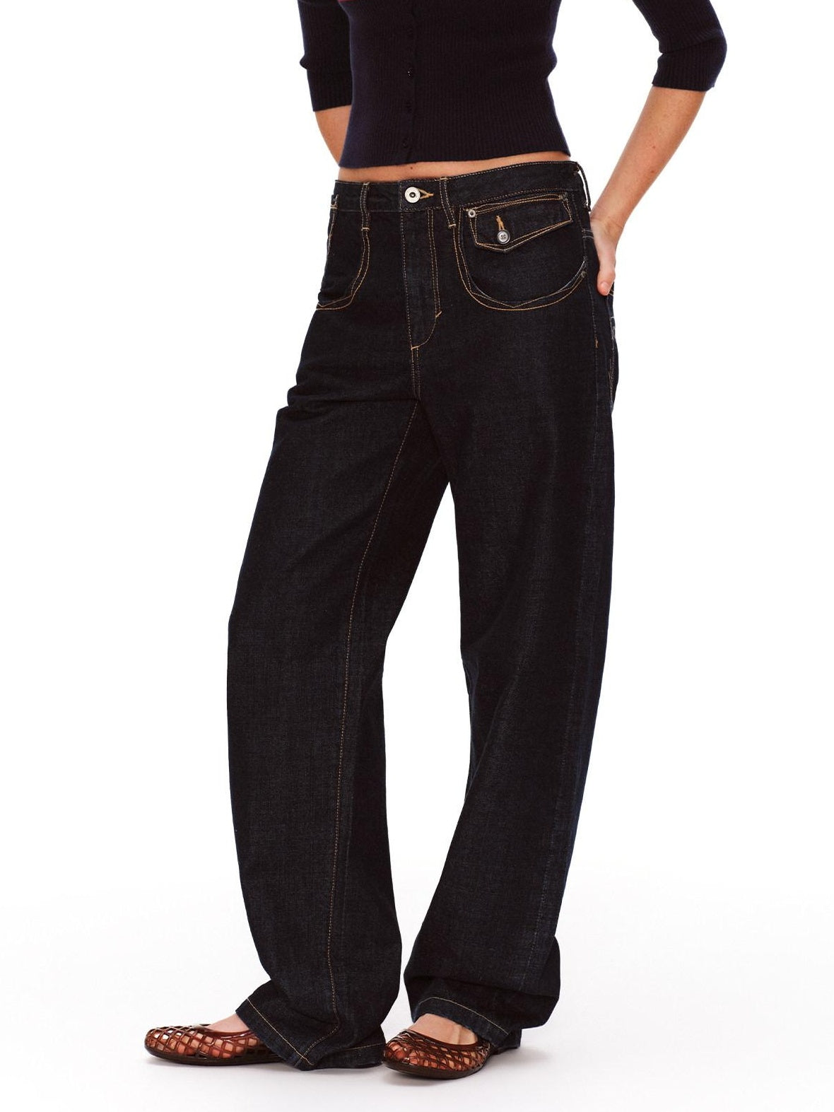 RUN TO THE FUTURE Vintage Washed Natural Waist Pocket Detail Womens Cotton Dark Straight Jeans