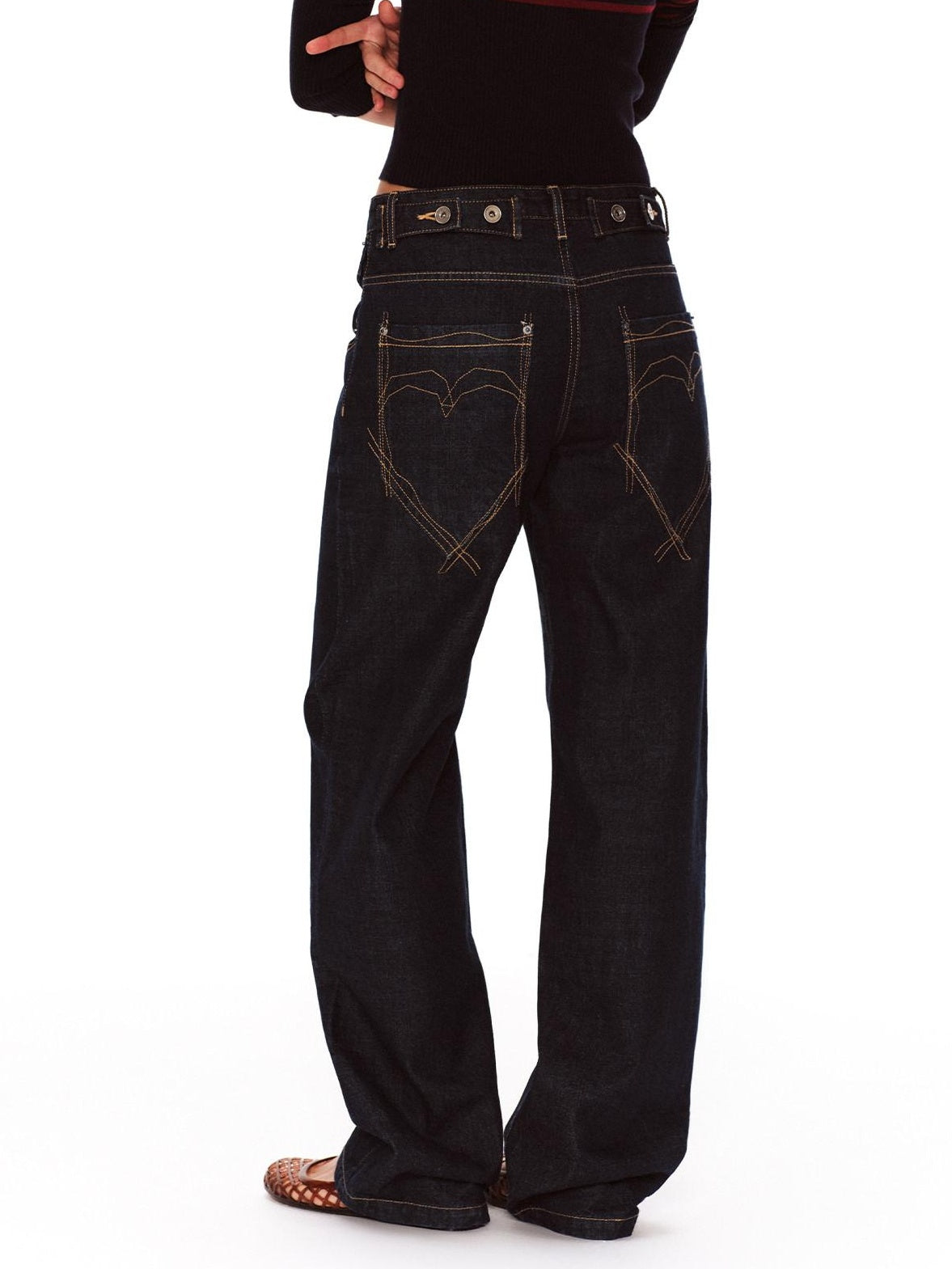 RUN TO THE FUTURE Vintage Washed Natural Waist Pocket Detail Womens Cotton Dark Straight Jeans