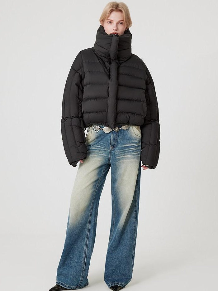RUN TO THE FUTURE Warm 90% Duck Down Retro Commuter Straight Stand Collar Black Zip Down Jackets