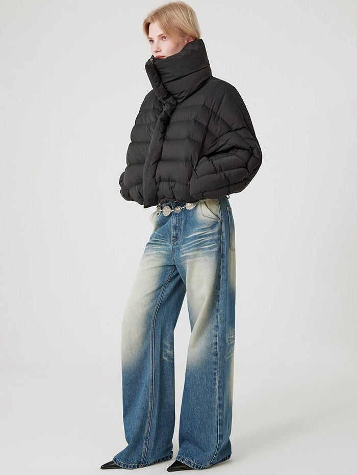 RUN TO THE FUTURE Warm 90% Duck Down Retro Commuter Straight Stand Collar Black Zip Down Jackets