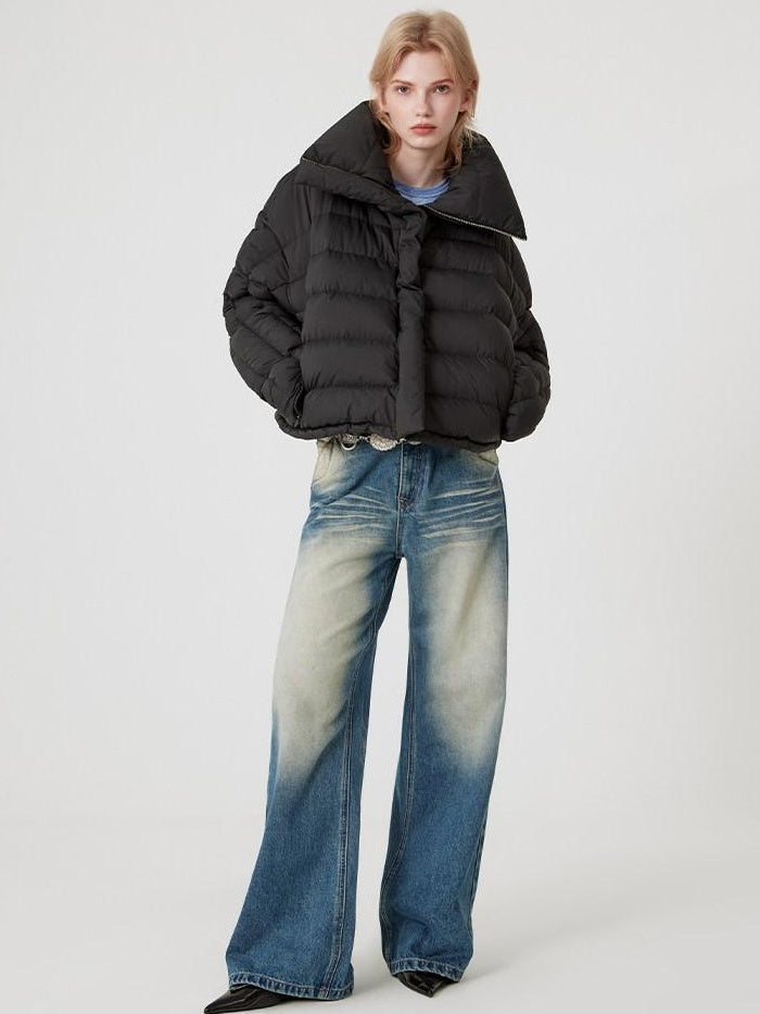RUN TO THE FUTURE Warm 90% Duck Down Retro Commuter Straight Stand Collar Black Zip Down Jackets