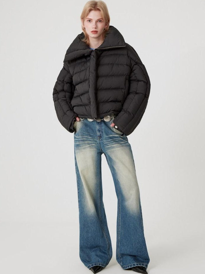 RUN TO THE FUTURE Warm 90% Duck Down Retro Commuter Straight Stand Collar Black Zip Down Jackets