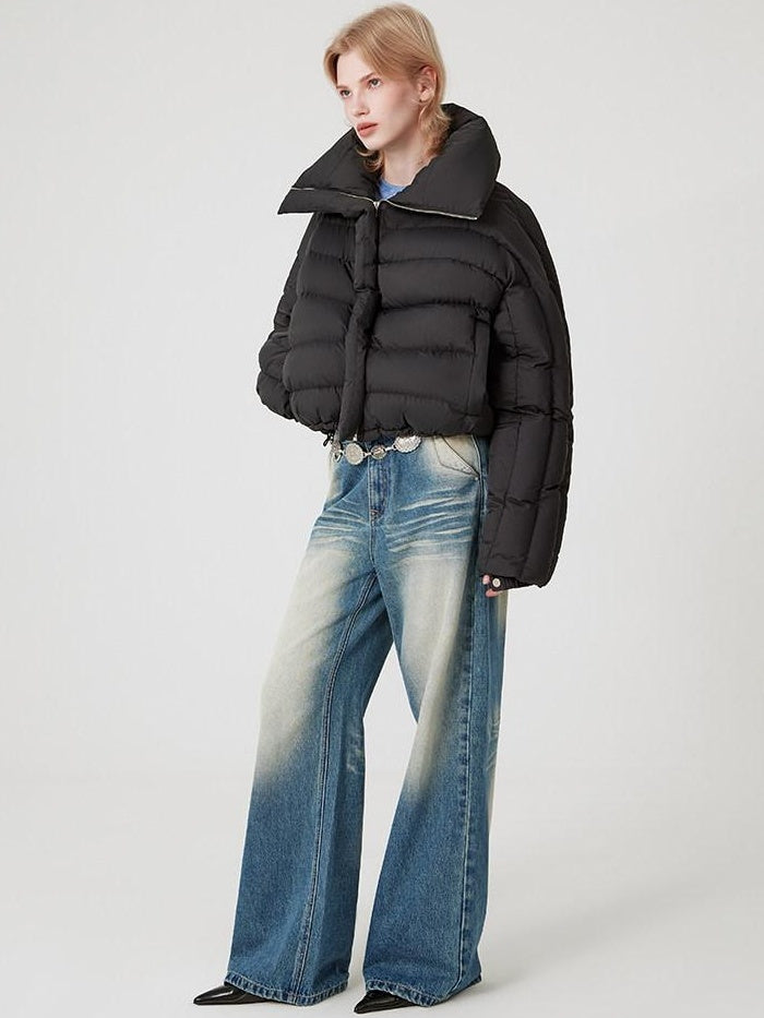 RUN TO THE FUTURE Warm 90% Duck Down Retro Commuter Straight Stand Collar Black Zip Down Jackets