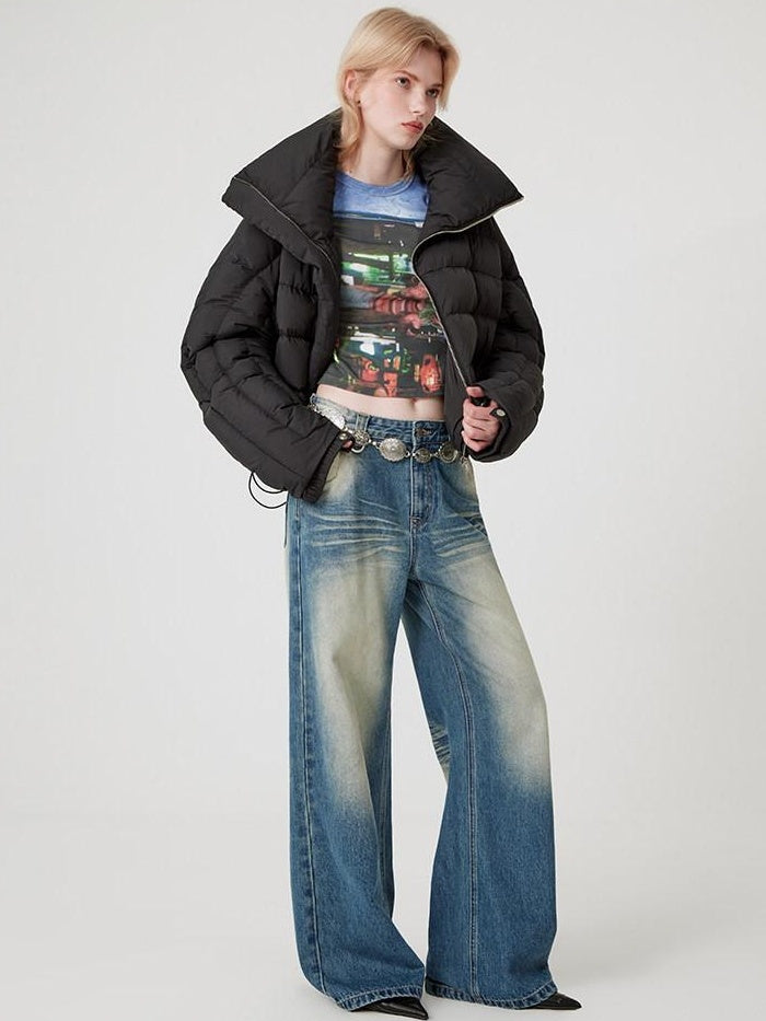 RUN TO THE FUTURE Warm 90% Duck Down Retro Commuter Straight Stand Collar Black Zip Down Jackets
