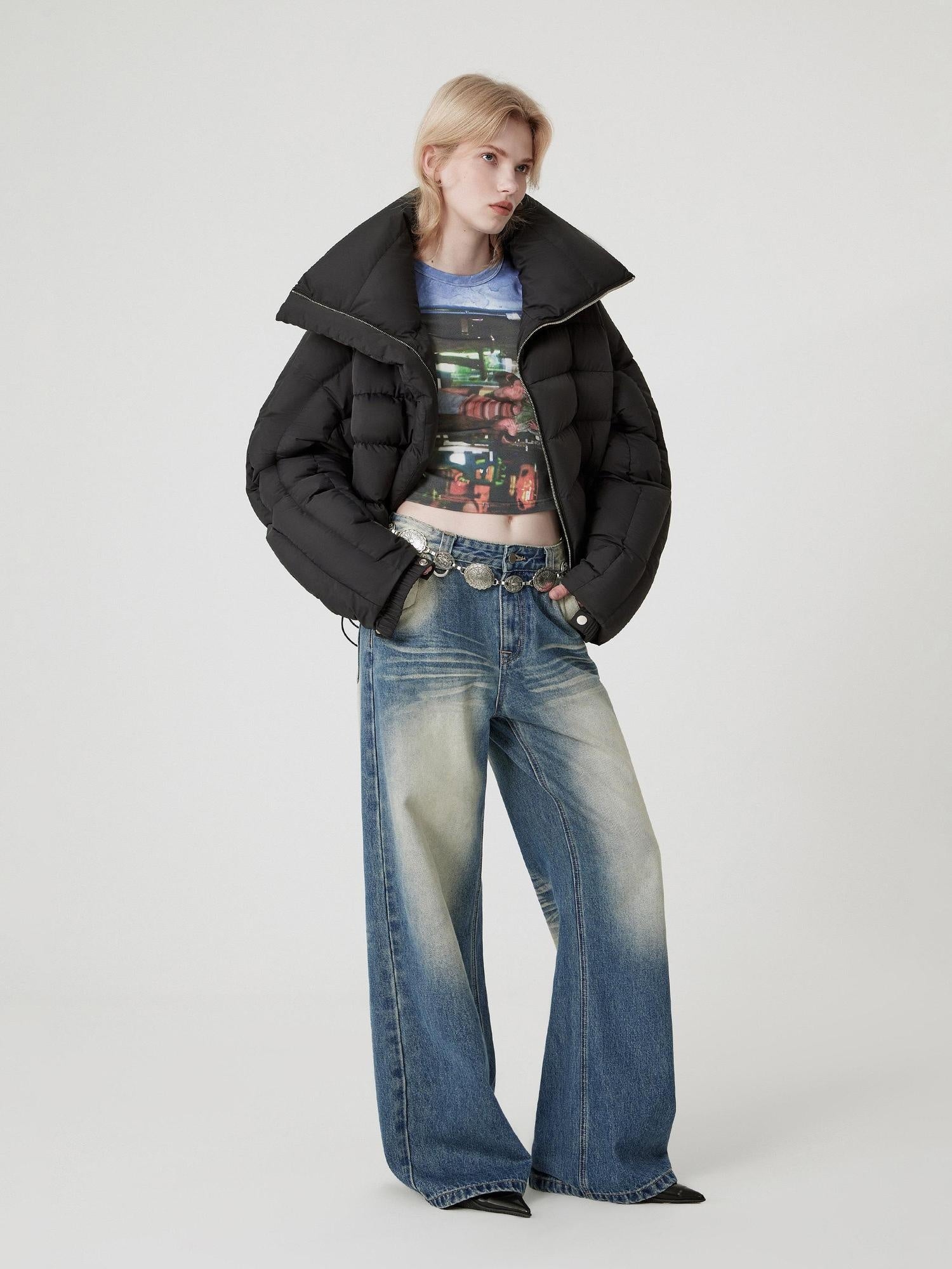 RUN TO THE FUTURE Warm 90% Duck Down Retro Commuter Straight Stand Collar Black Zip Down Jackets