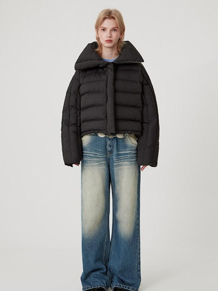 RUN TO THE FUTURE Warm 90% Duck Down Retro Commuter Straight Stand Collar Black Zip Down Jackets