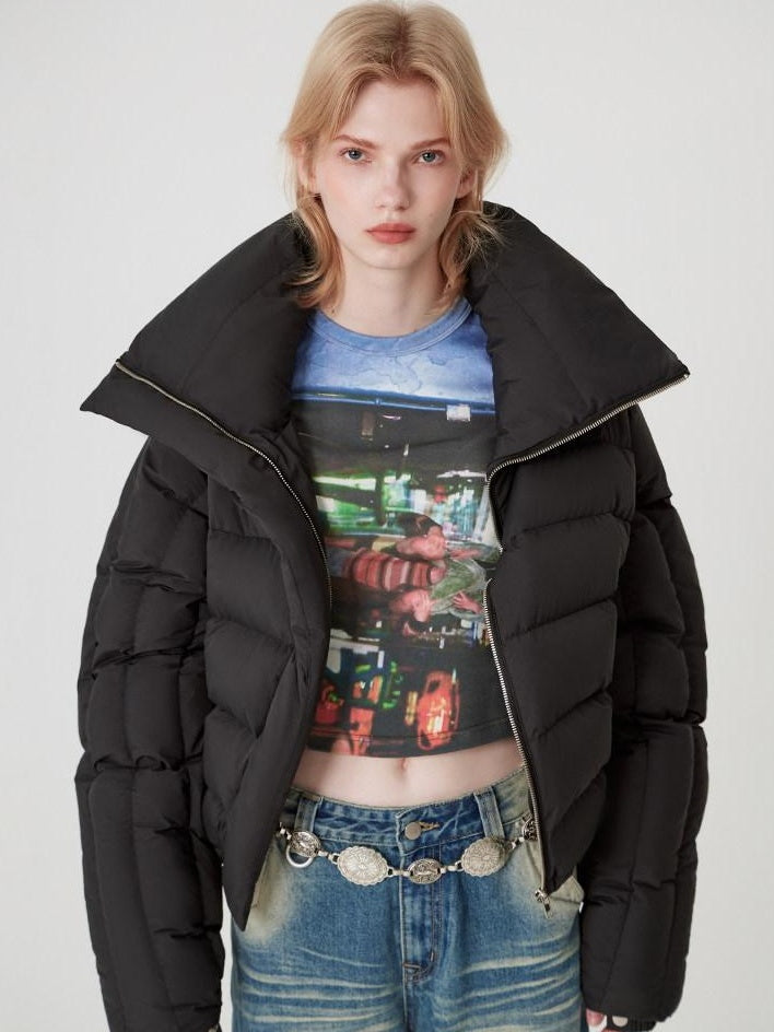 RUN TO THE FUTURE Warm 90% Duck Down Retro Commuter Straight Stand Collar Black Zip Down Jackets