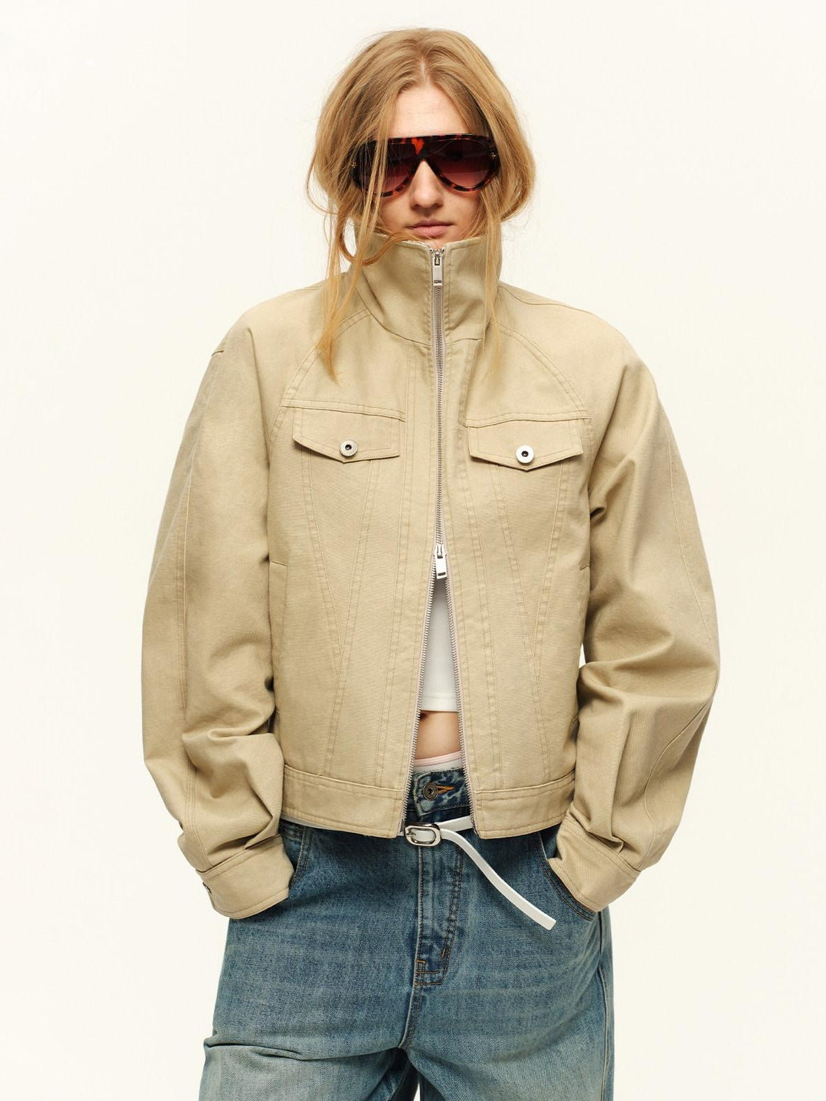 RUN TO THE FUTURE Warm Cropped Retro Loose Leopard Piping Unisex Khaki Zip Track Jackets