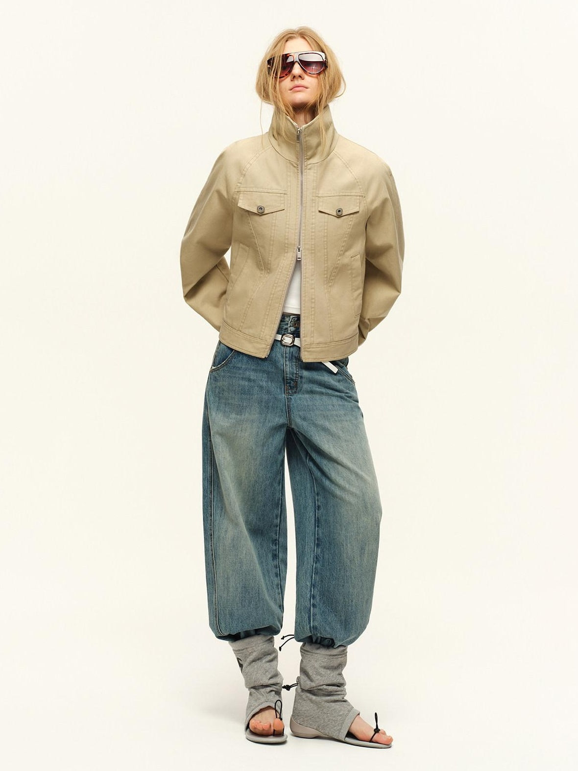 RUN TO THE FUTURE Warm Cropped Retro Loose Leopard Piping Unisex Khaki Zip Track Jackets