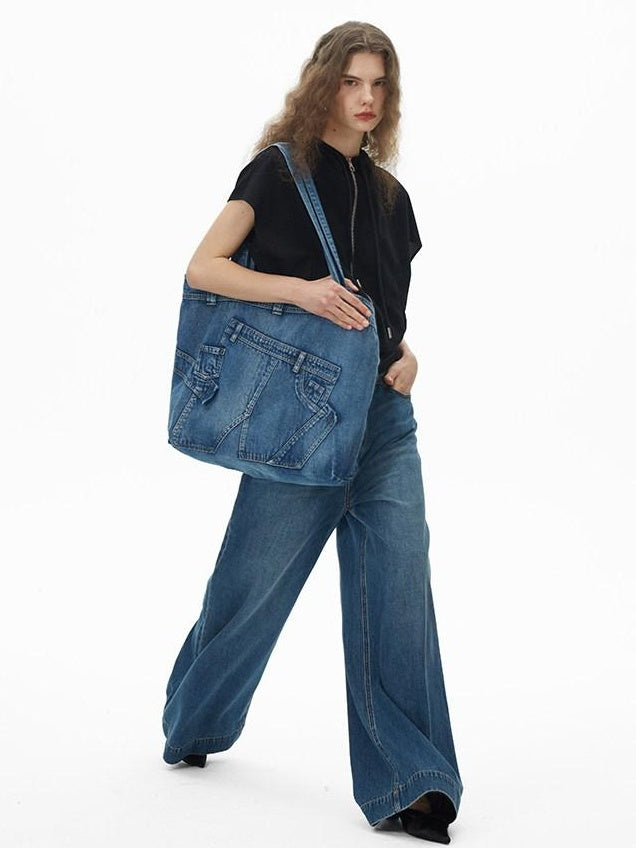 RUN TO THE FUTURE Washable Denim Blue Cotton Lined Commuter Unisex Dual Strap Shoulder Bags