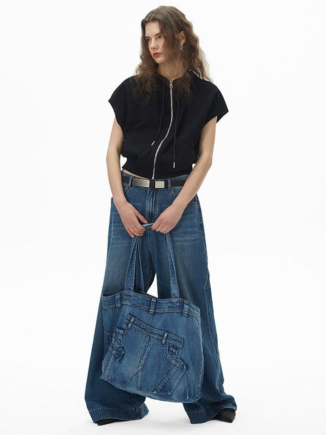 RUN TO THE FUTURE Washable Denim Blue Cotton Lined Commuter Unisex Dual Strap Shoulder Bags