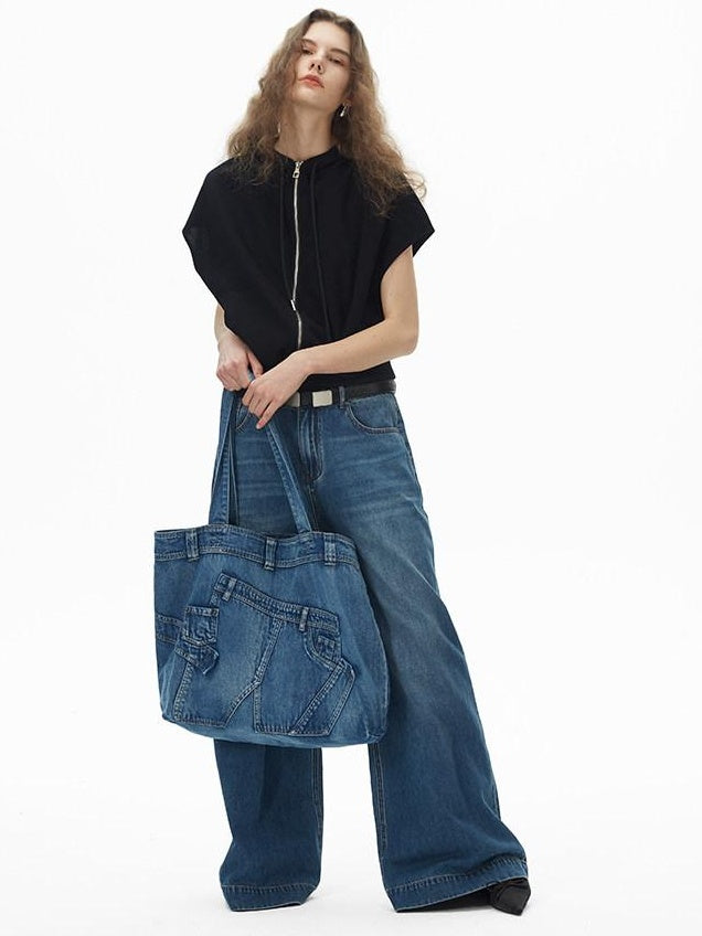 RUN TO THE FUTURE Washable Denim Blue Cotton Lined Commuter Unisex Dual Strap Shoulder Bags