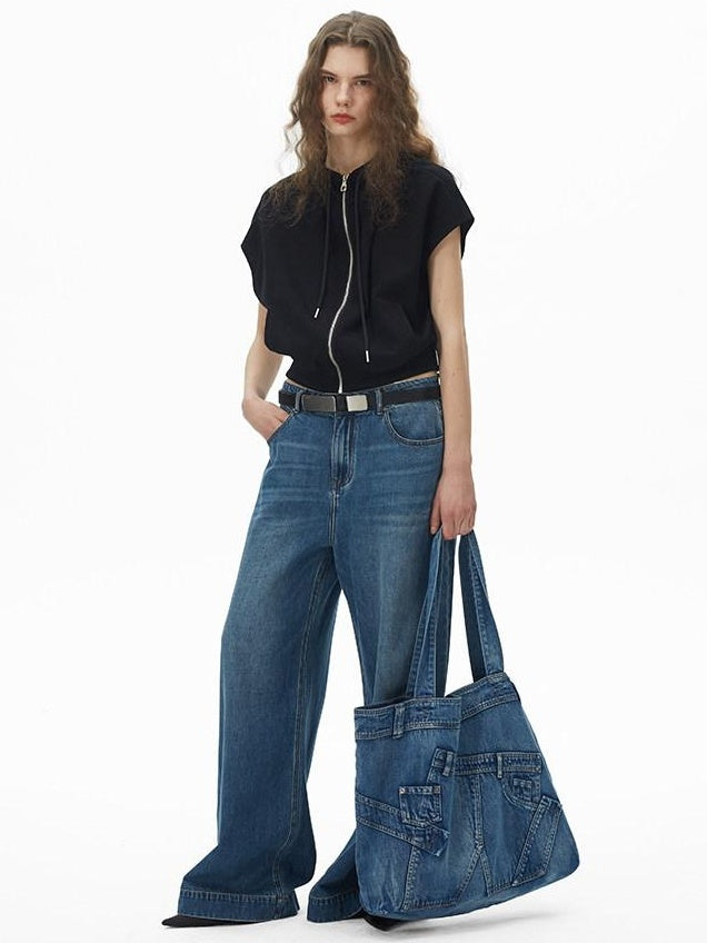 RUN TO THE FUTURE Washable Denim Blue Cotton Lined Commuter Unisex Dual Strap Shoulder Bags