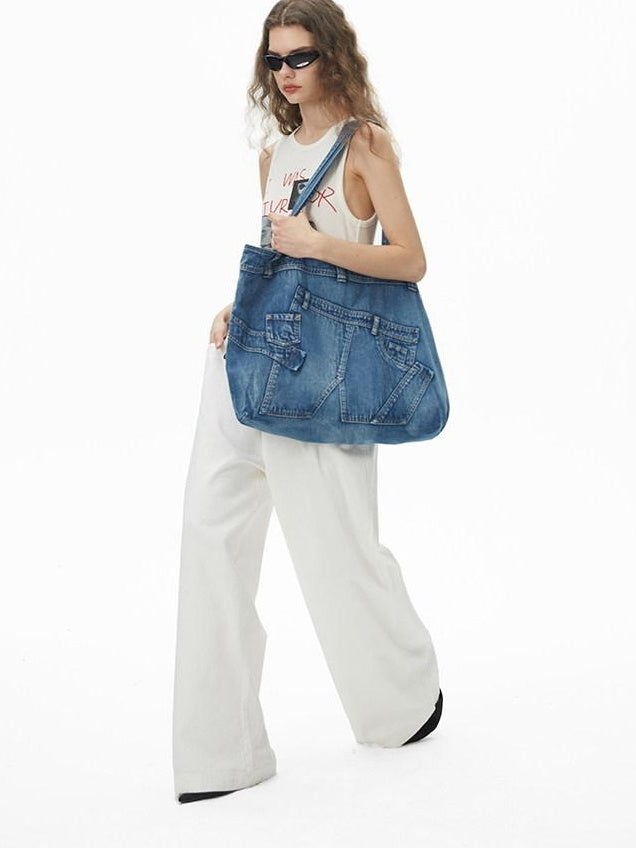 RUN TO THE FUTURE Washable Denim Blue Cotton Lined Commuter Unisex Dual Strap Shoulder Bags