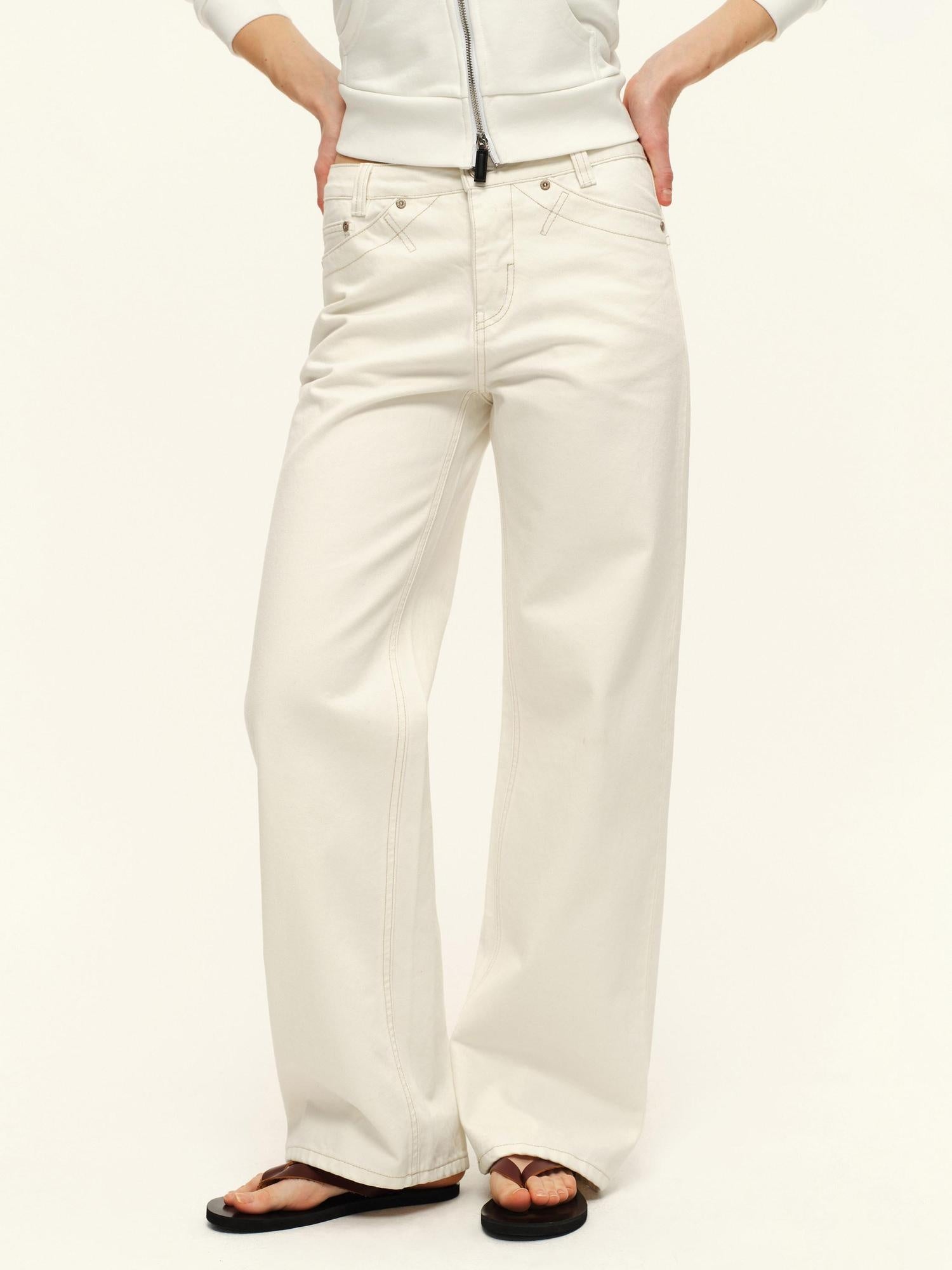 RUN TO THE FUTURE Washed Cotton Casual Natural Waist Unisex White Button Fly Straight Jeans