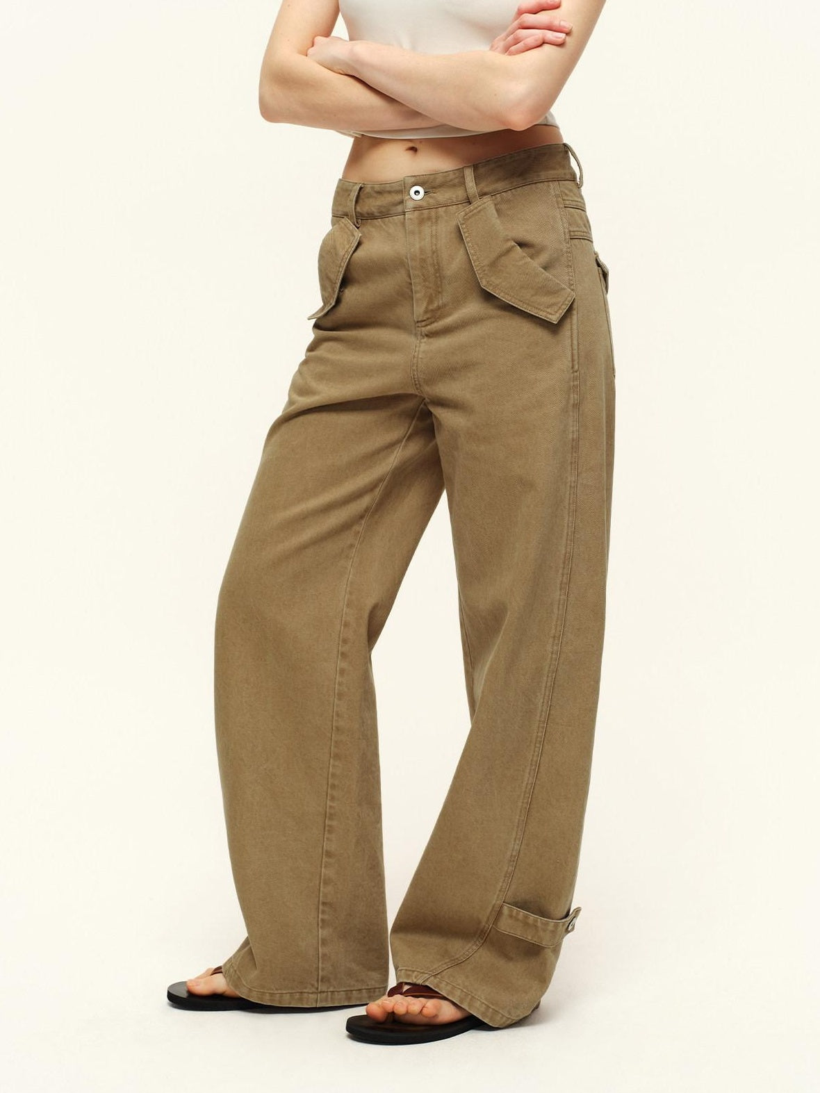 RUN TO THE FUTURE Washed Pure Cotton Chestnut Casual Natural Waist Zipper Women Straight Pants