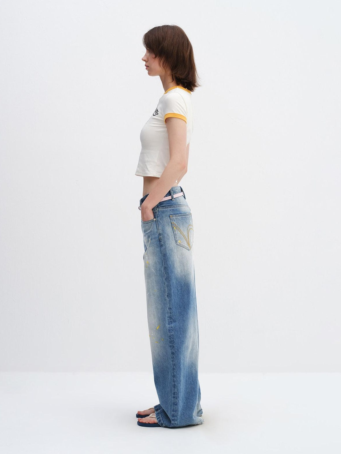 RUN TO THE FUTURE Washed Ripped Paint Splatter Loose Natural Waist Unisex Denim Wide-Leg Jeans