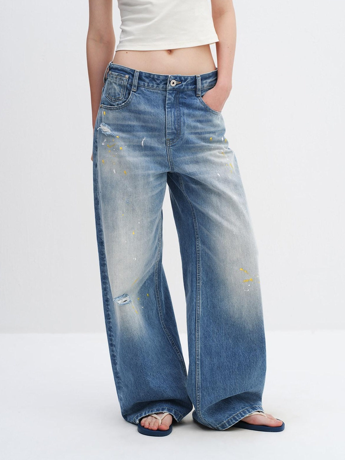 RUN TO THE FUTURE Washed Ripped Paint Splatter Loose Natural Waist Unisex Denim Wide-Leg Jeans