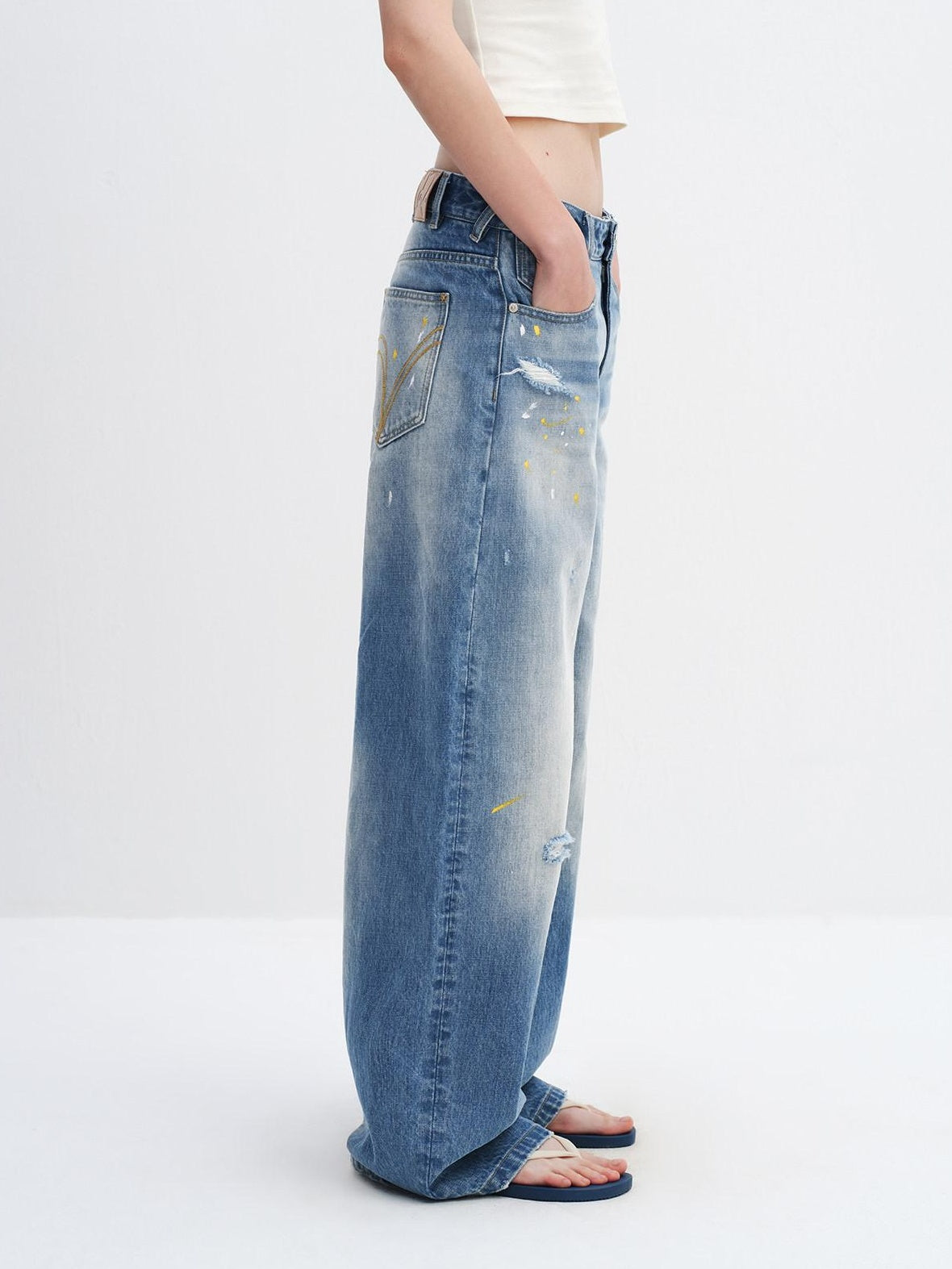 RUN TO THE FUTURE Washed Ripped Paint Splatter Loose Natural Waist Unisex Denim Wide-Leg Jeans