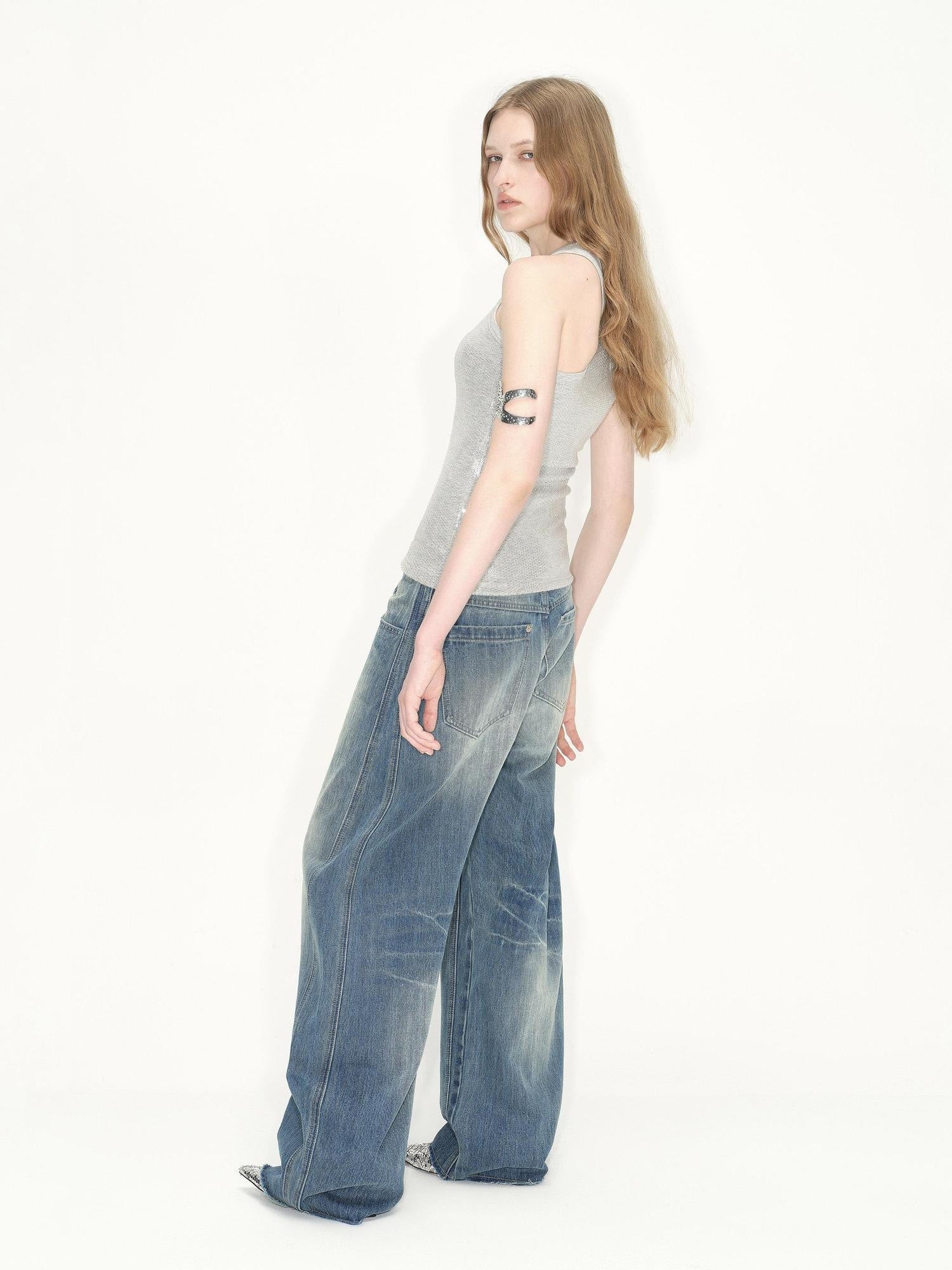 RUN TO THE FUTURE Washed Vintage Low Waist Boxy Silhouette Womens Denim Cotton Wide-Leg Jeans