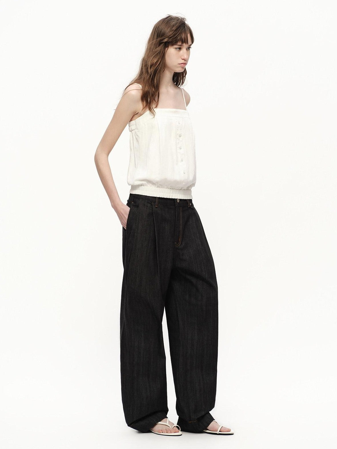 RUN TO THE FUTURE White Button Square Neck Elastic Hem Loose Women&