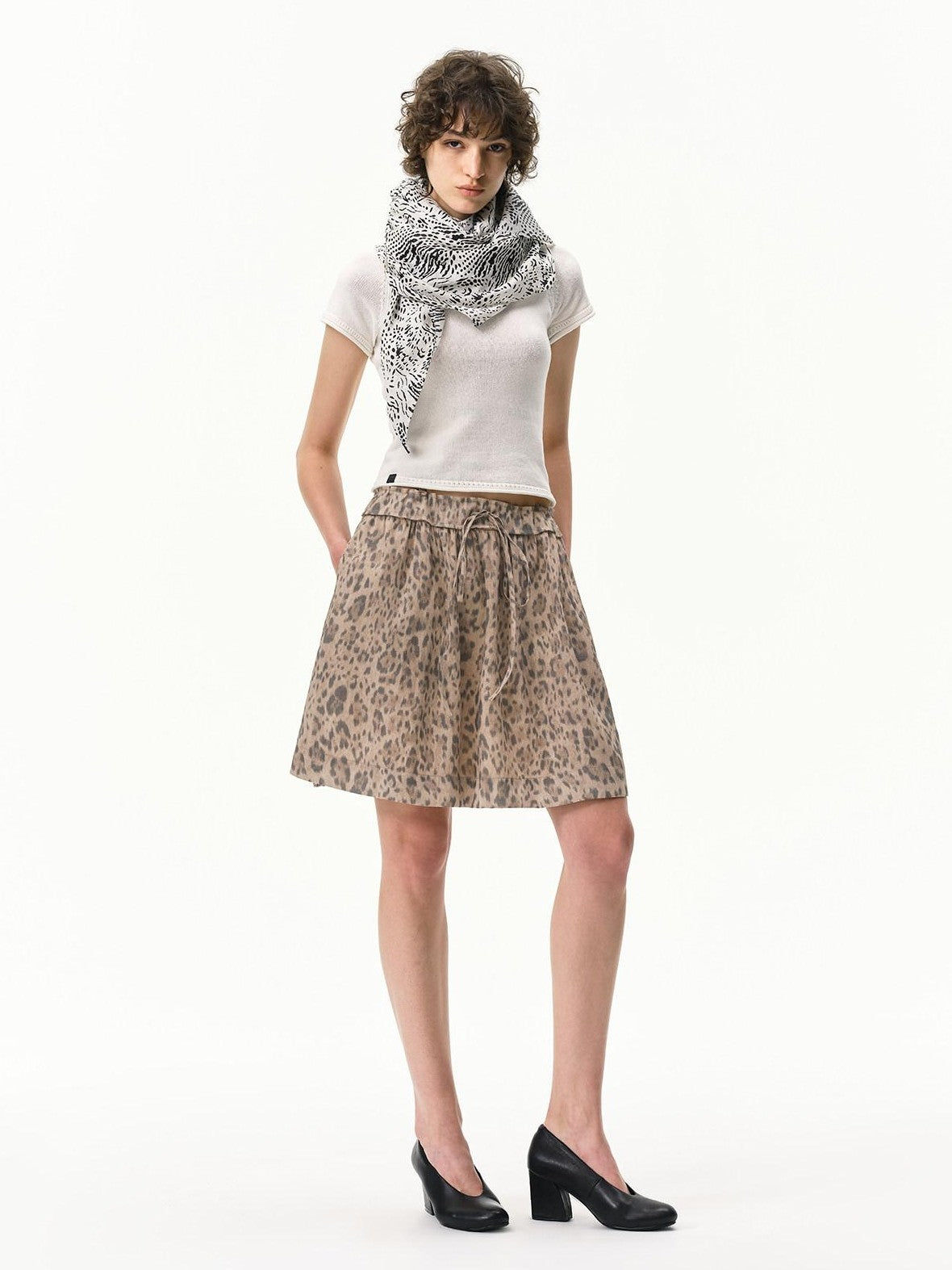 RUN TO THE FUTURE White Leopard Print Ruched Drawstring Tie Women&