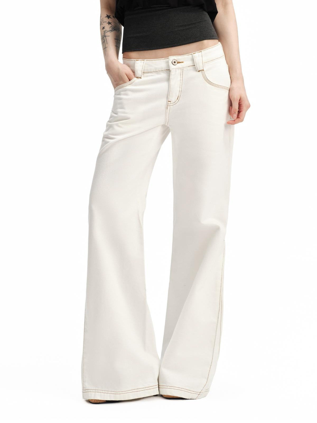 RUN TO THE FUTURE White Vintage Contrast Stitch Mid Low Waist Slim Women&