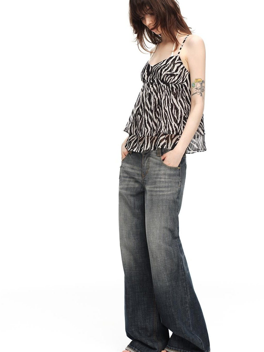 RUN TO THE FUTURE Zebra Print Sheer Chiffon V-neck Open Back Women&