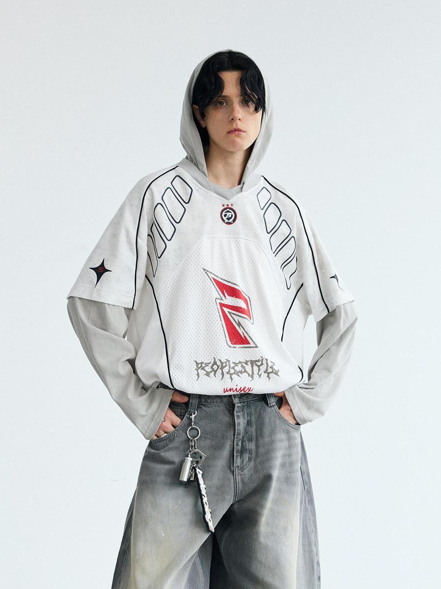 Peoplesense Racing Stitch Quick Dry Fake Two Piece Hooded Sport Tee
