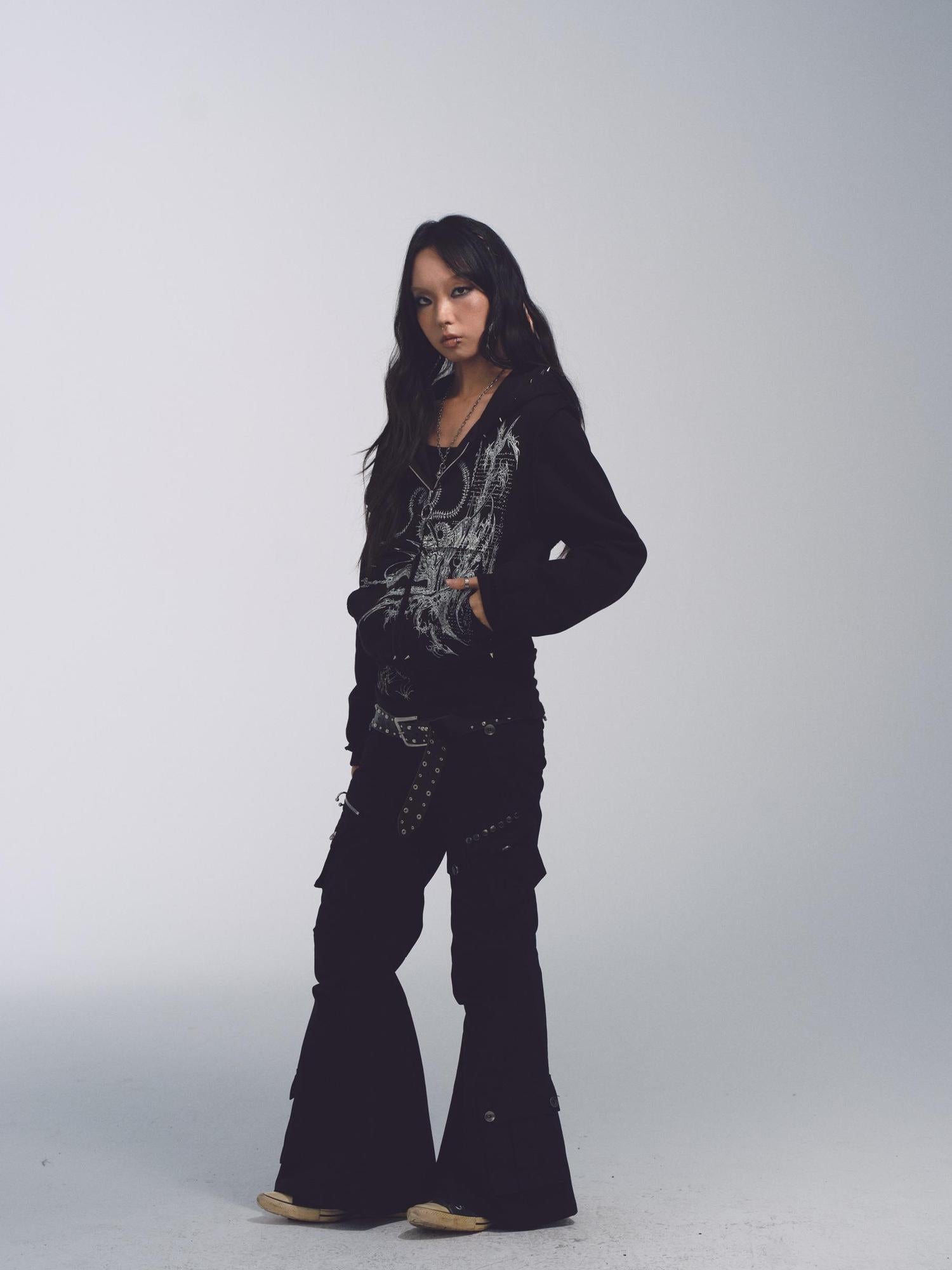 NONAME SPACE Raw Edge Fleece Lined Oversized Print Sweatshirt With Rivets