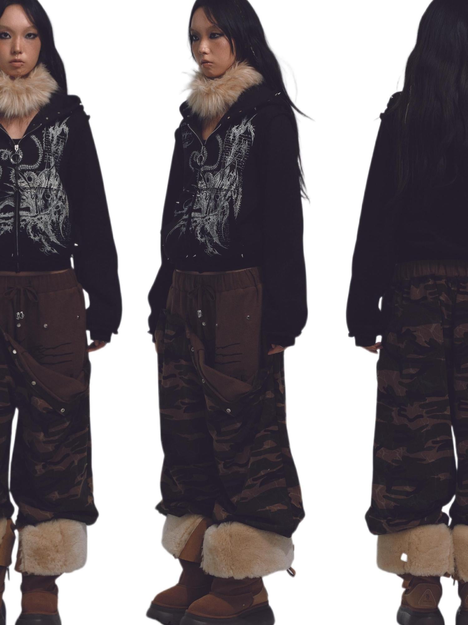 NONAME SPACE Raw Edge Fleece Lined Oversized Print Sweatshirt With Rivets