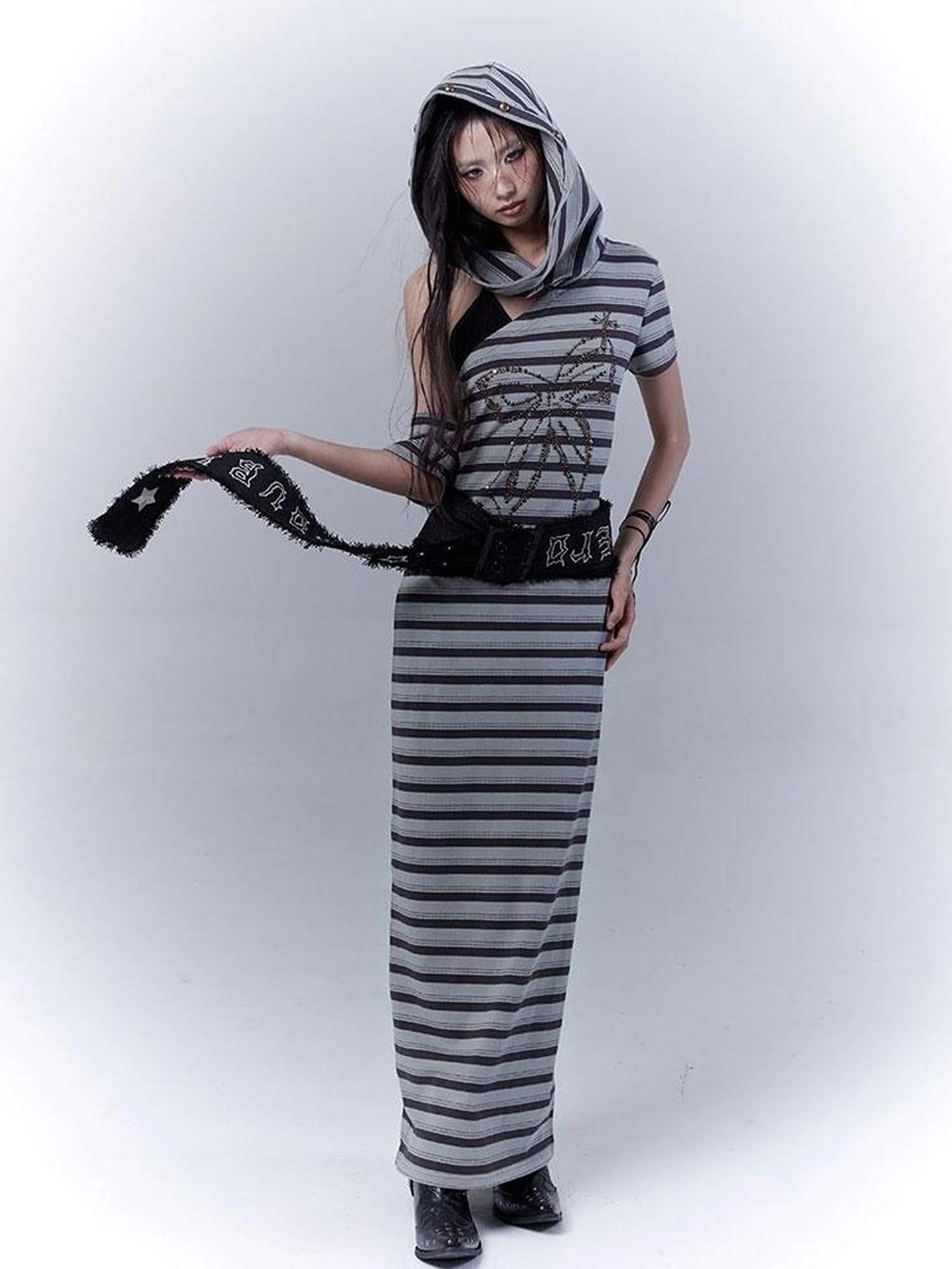 Rebel Muse Striped Dystopian Punk Maxi Dress
