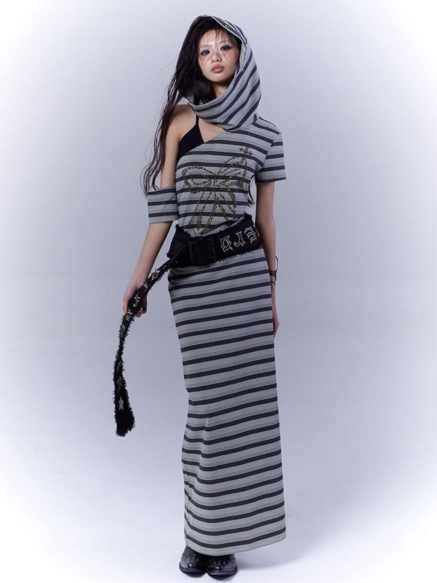 WSW WUSHENWU Rebel Muse Striped Dystopian Punk Maxi Dress