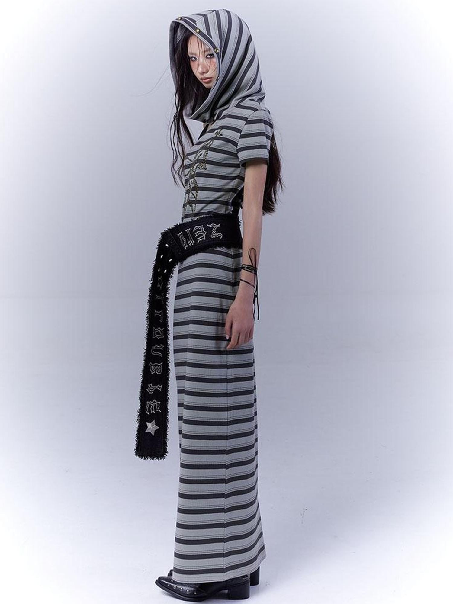 WSW WUSHENWU Rebel Muse Striped Dystopian Punk Maxi Dress