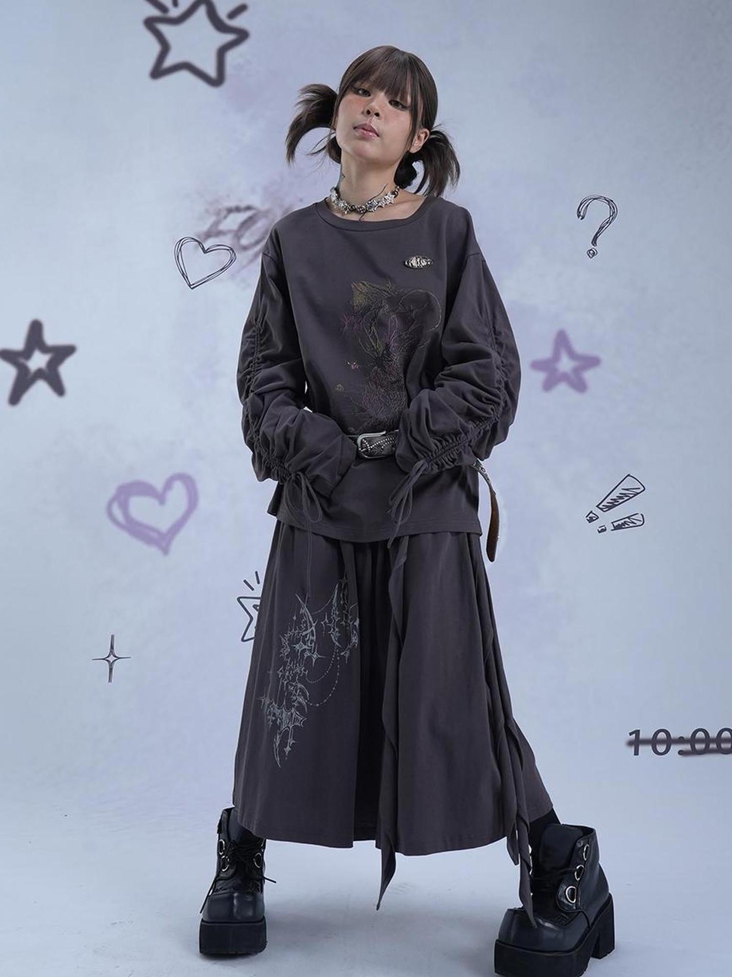 MOMSYCAN FOX LINE Reborn Self Y2K Loose Knit Sweater Dark Gray Artistic Print Drawstring Sleeves
